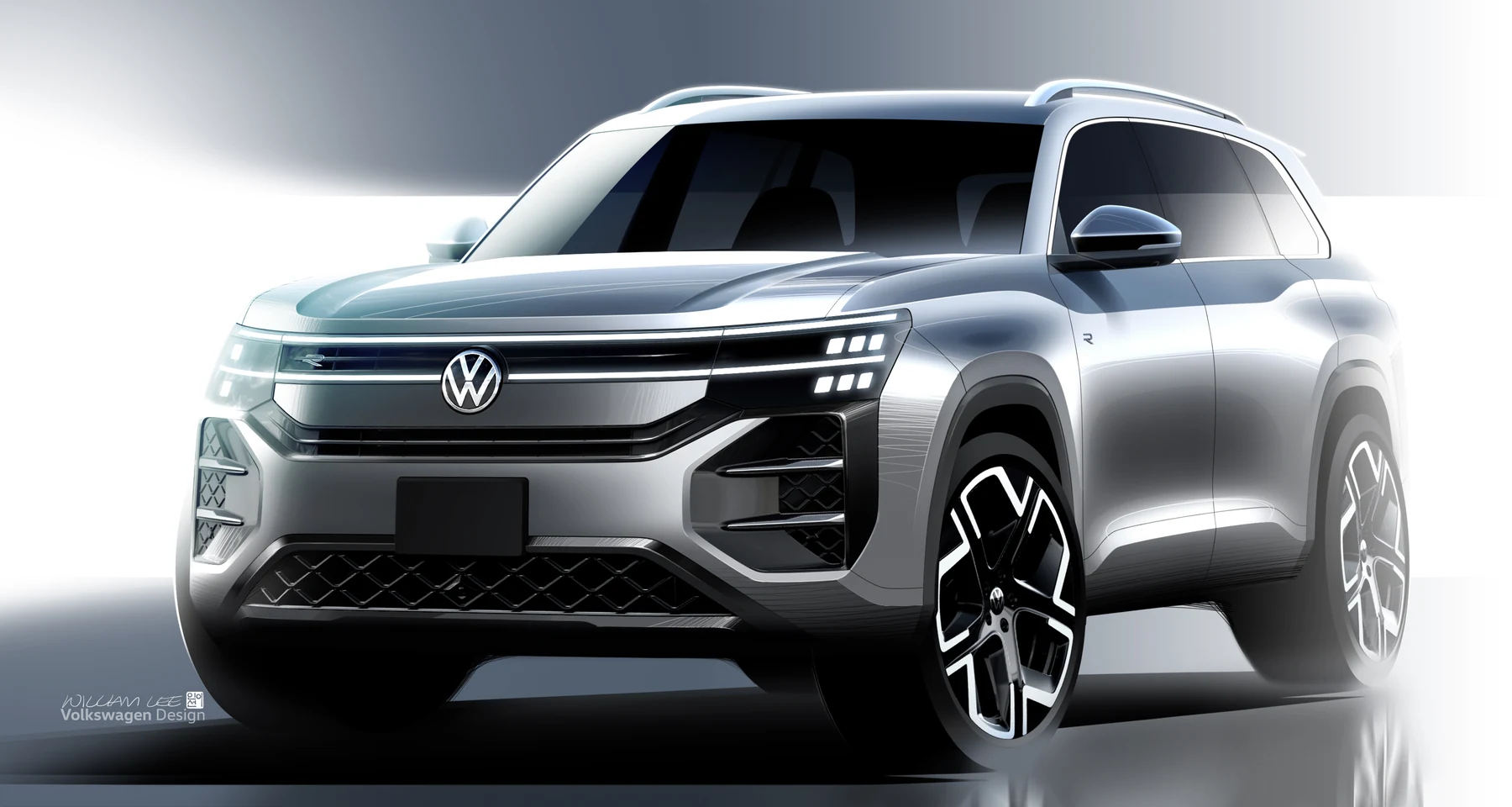 Gray 2027 Volkswagen Atlas, front three-quarter with stacked LED headlamps and a light line across a masked grille