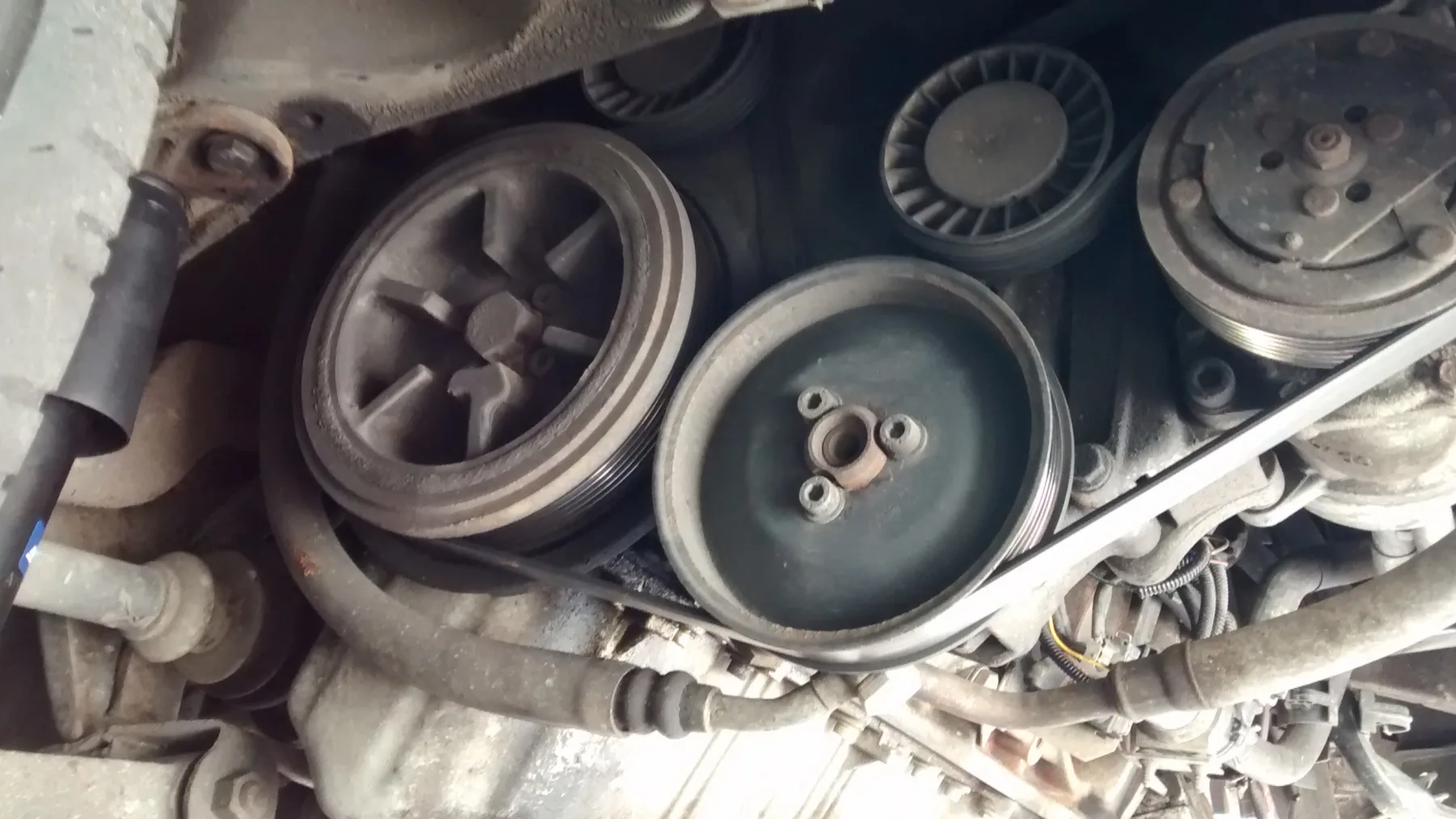 Poly-v serpentine belt wrapping the crank, power-steering pump, and idlers on a VW T4