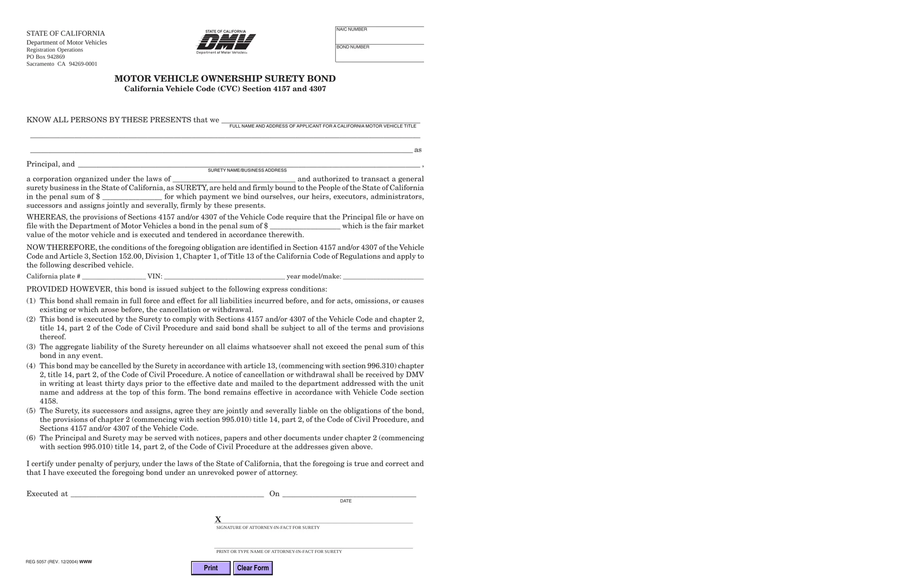 California DMV REG 5057 motor vehicle ownership surety bond, CVC 4157 and 4307