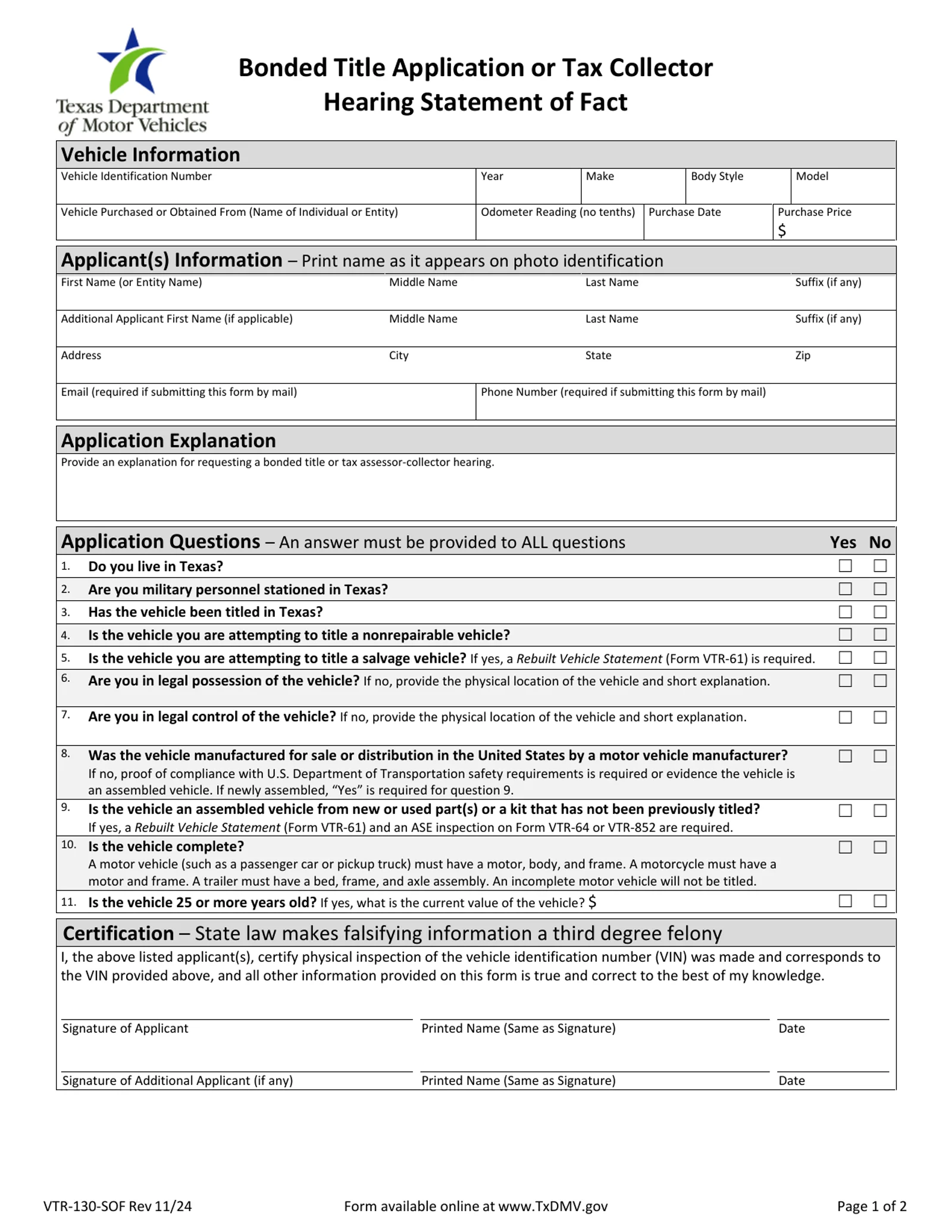 Texas DMV VTR-130-SOF bonded title application or tax collector hearing statement of fact