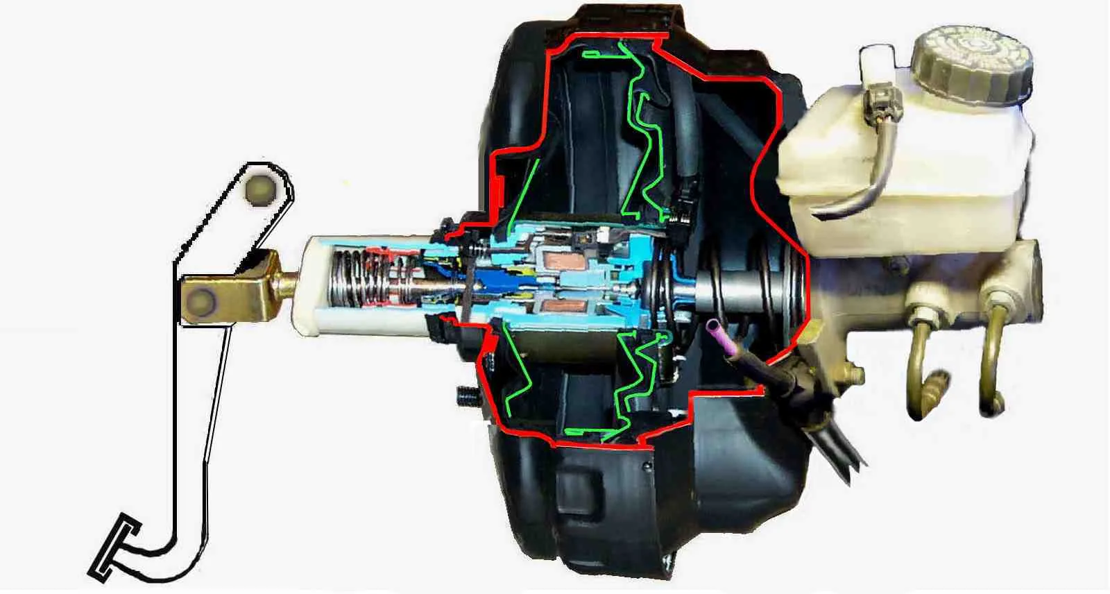Cutaway of a vacuum brake booster: diaphragm, reaction disc, air valve, and the pushrod that leaves the can toward the master cylinder
