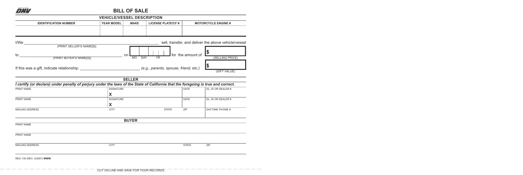 California DMV REG 135 bill of sale with VIN, seller, buyer, and selling price