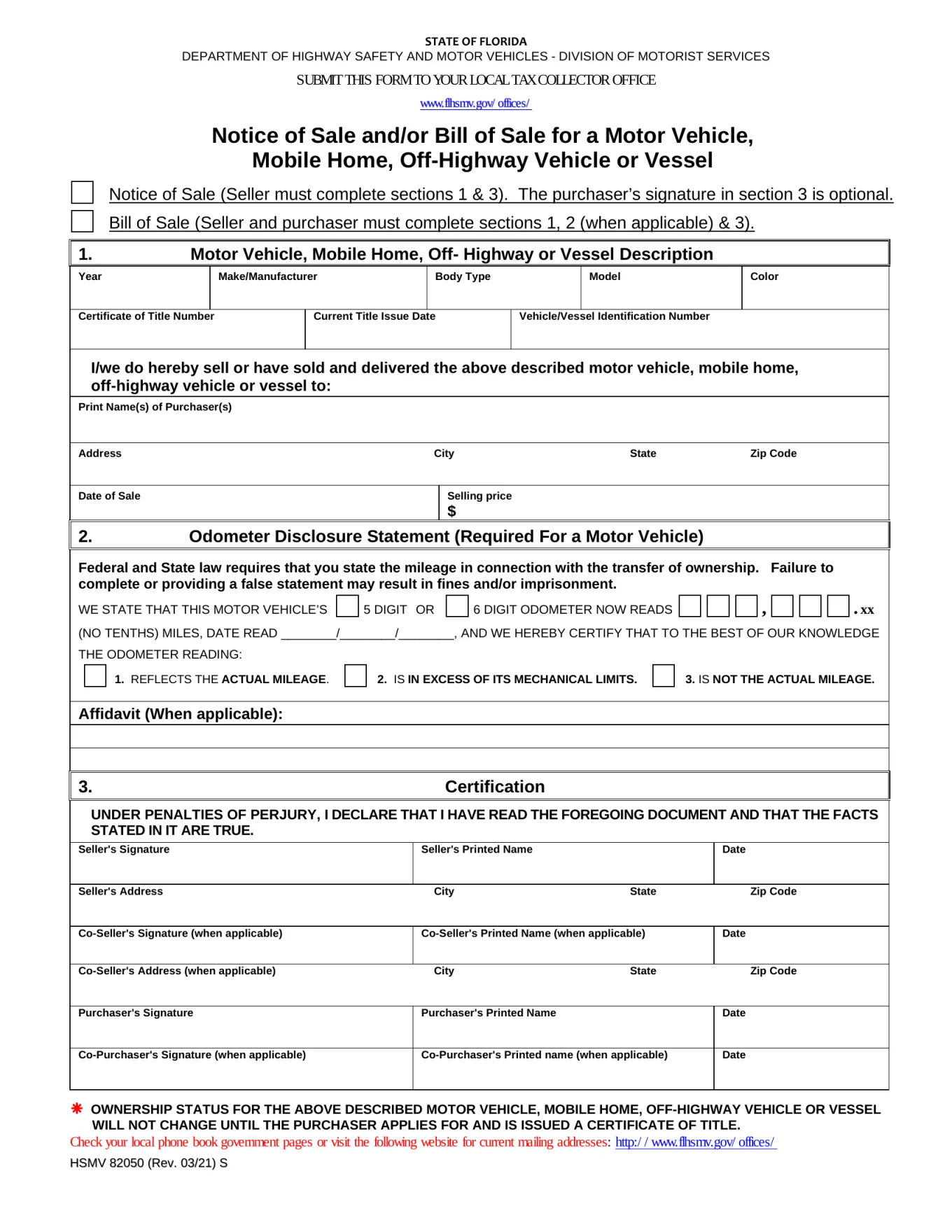 Florida DHSMV notice of sale and bill of sale with VIN, price, and odometer block