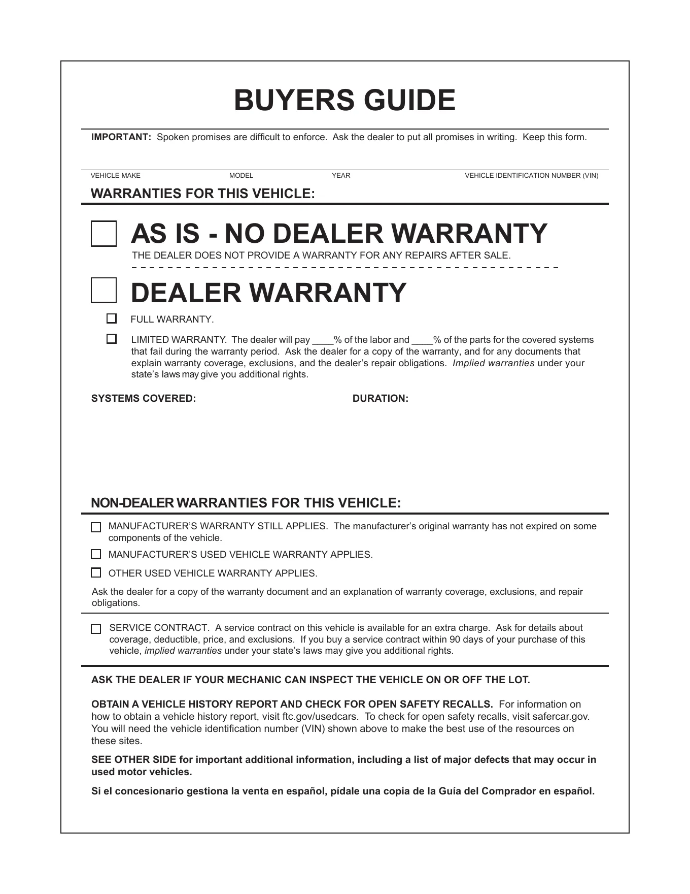 FTC Used Car Buyers Guide, page 1, with AS IS – NO DEALER WARRANTY and DEALER WARRANTY boxes