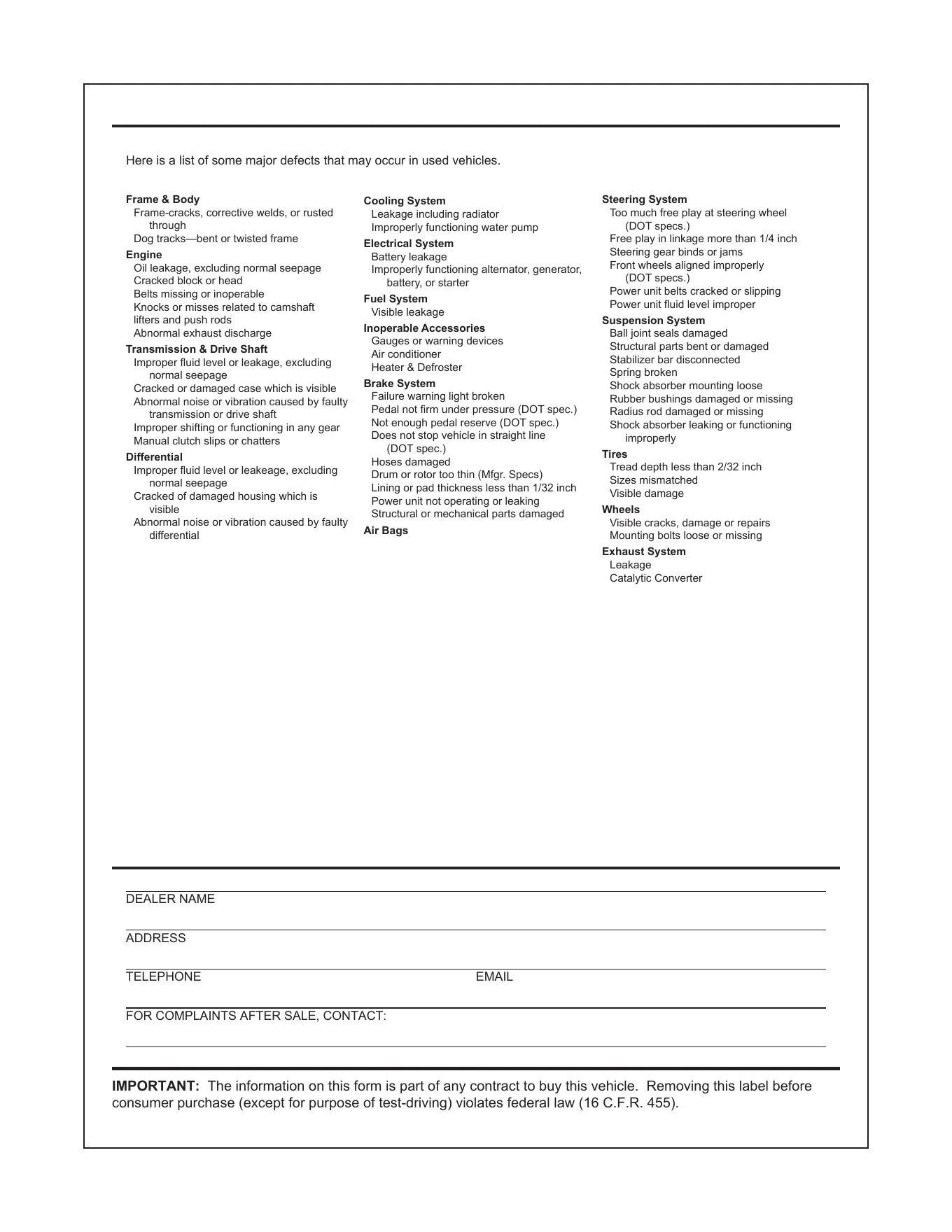 FTC Used Car Buyers Guide, page 3, with the defects list and the contract notice