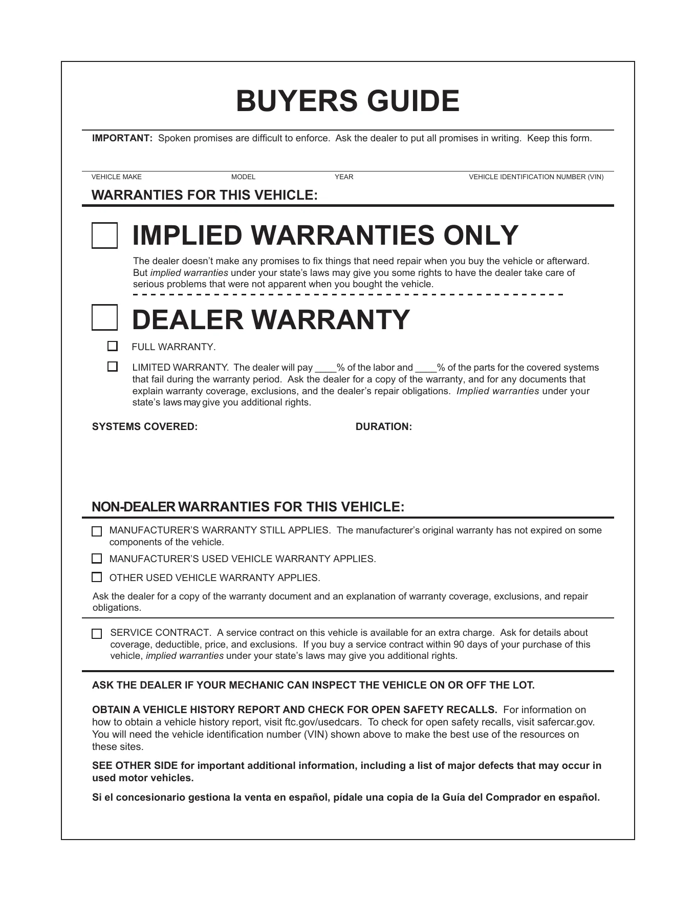 FTC Used Car Buyers Guide, page 2, IMPLIED WARRANTIES ONLY version of the form