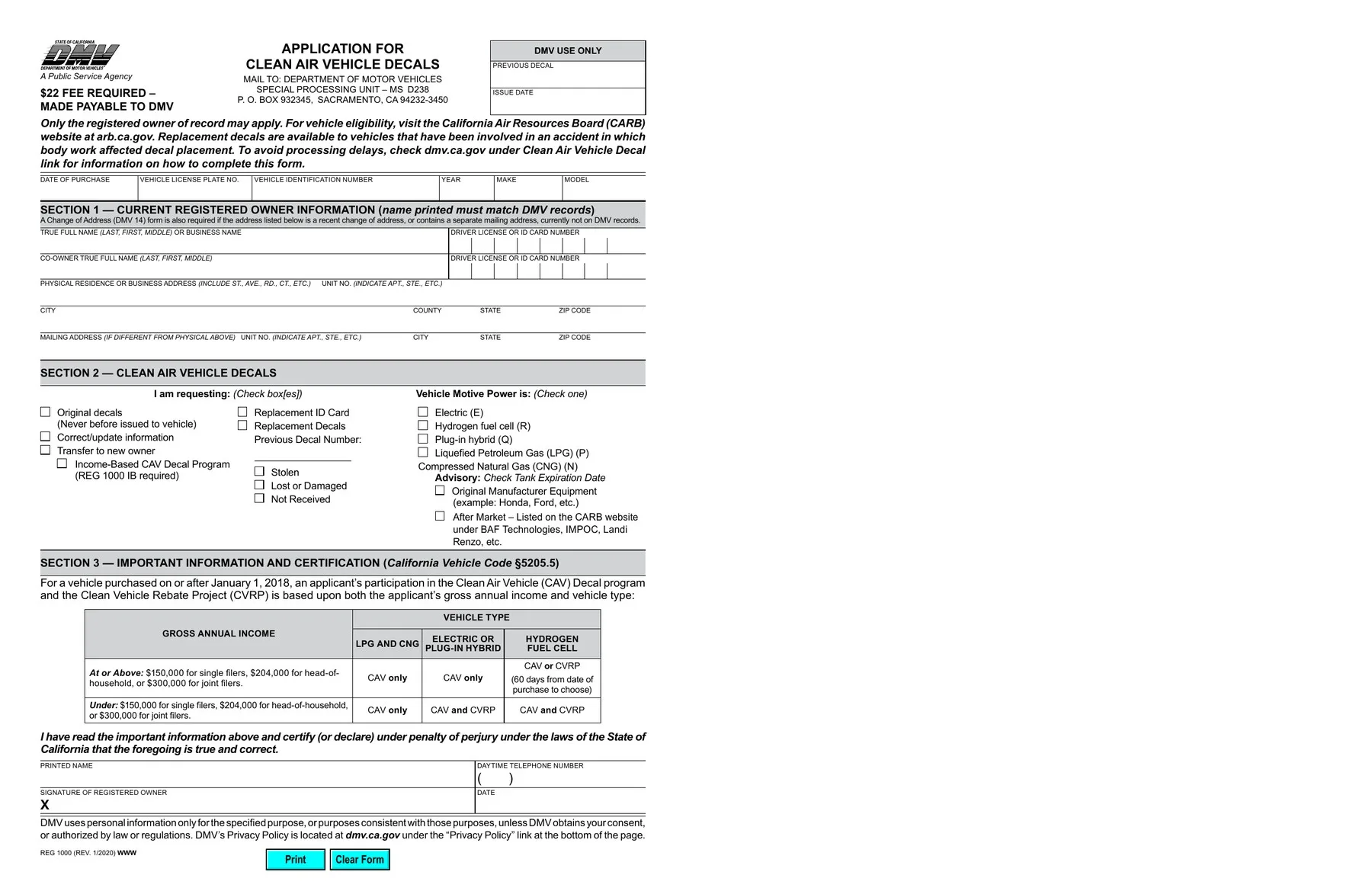 California DMV REG 1000, Application for Clean Air Vehicle Decals, January 2020 revision, with vehicle, owner, and decal-request fields