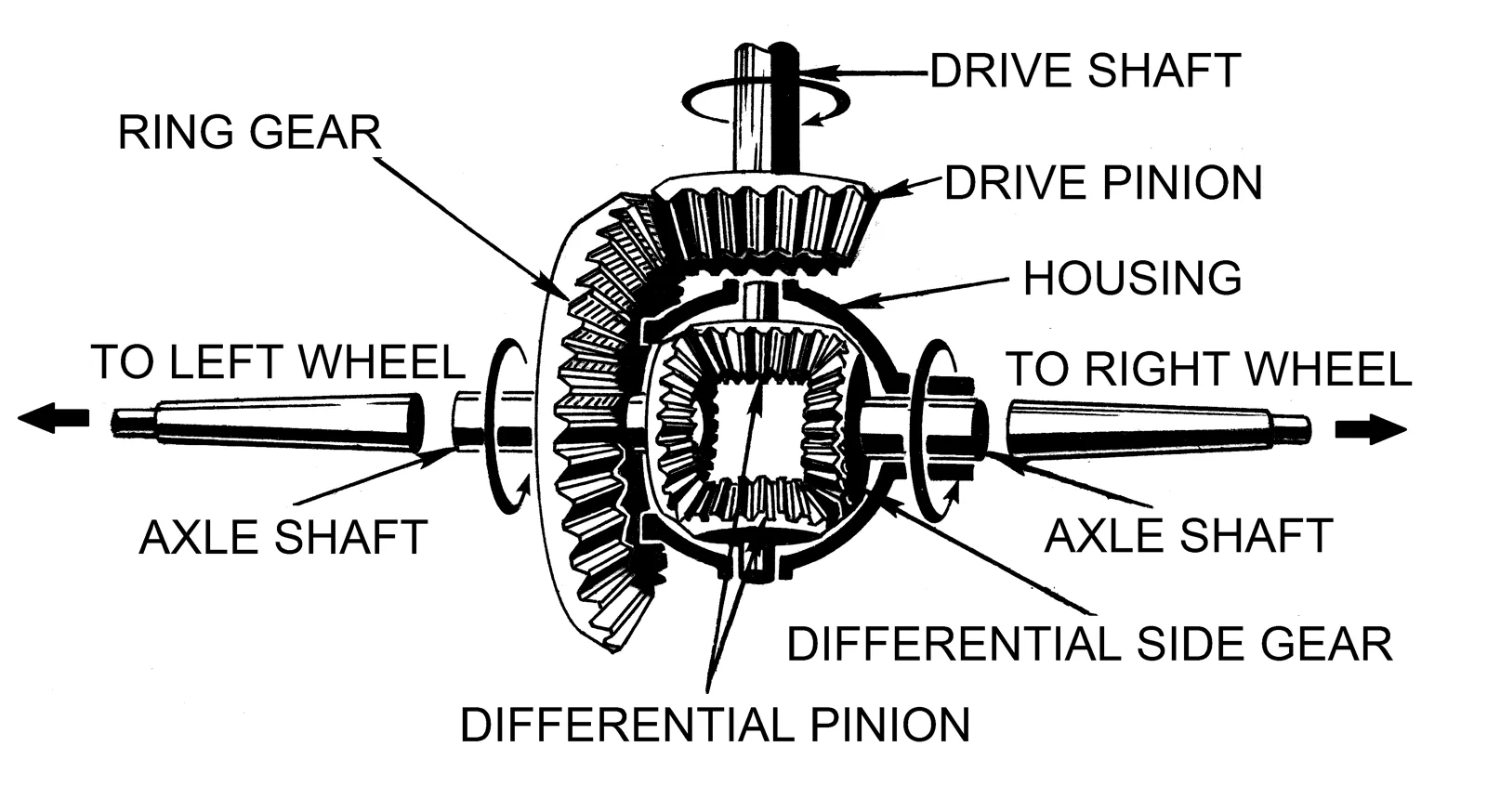 Line drawing of a differential: driveshaft and drive pinion, ring gear, side gears, and axle shafts to the left and right wheels