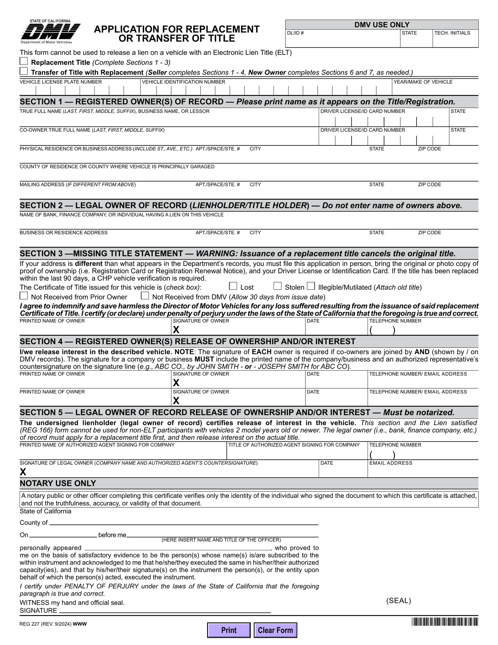 California DMV REG 227 application for replacement or transfer of title, with replacement and transfer checkboxes