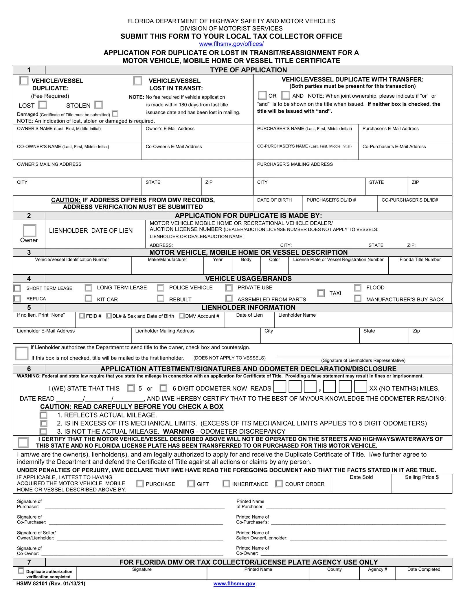 Florida DHSMV HSMV 82101 application for duplicate or lost-in-transit title