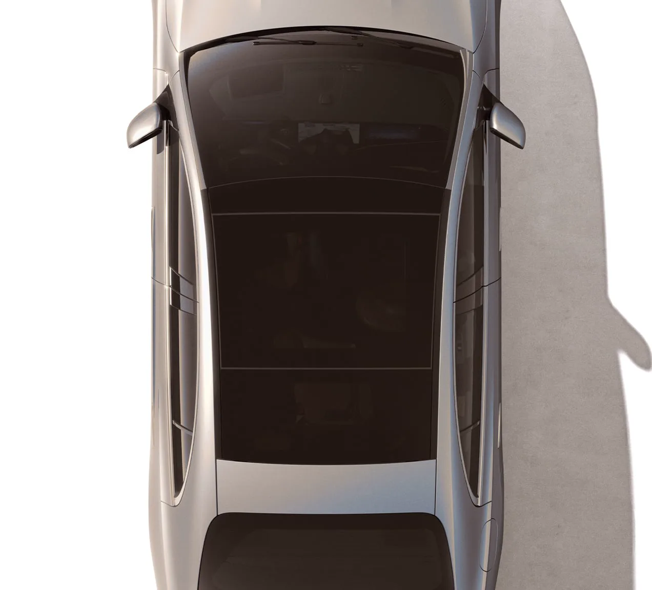 Silver Mercedes-Benz E-Class sedan from above, panoramic glass roof and greenhouse