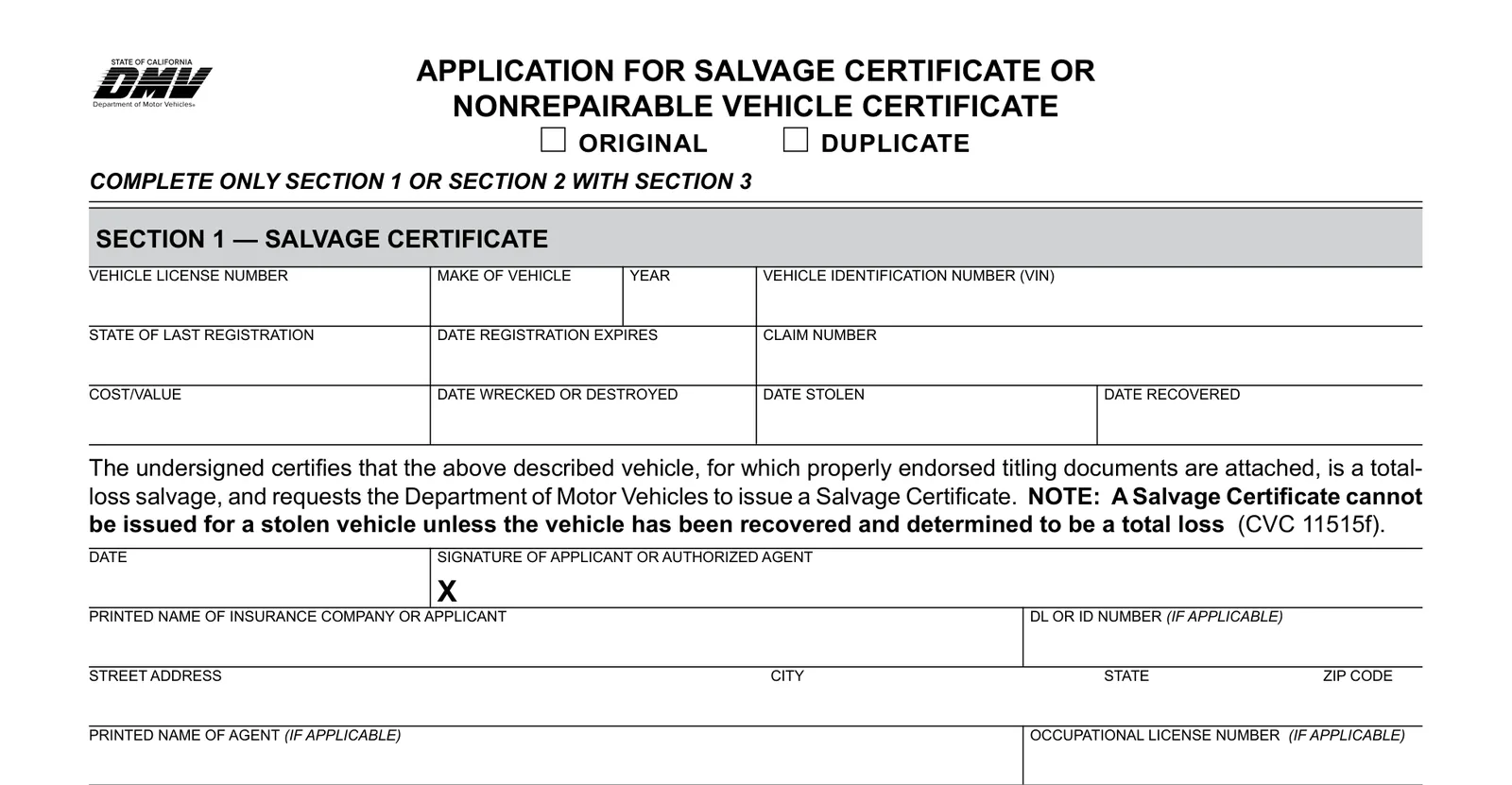 California DMV REG 488C, Section 1 salvage certificate path that starts branded ownership