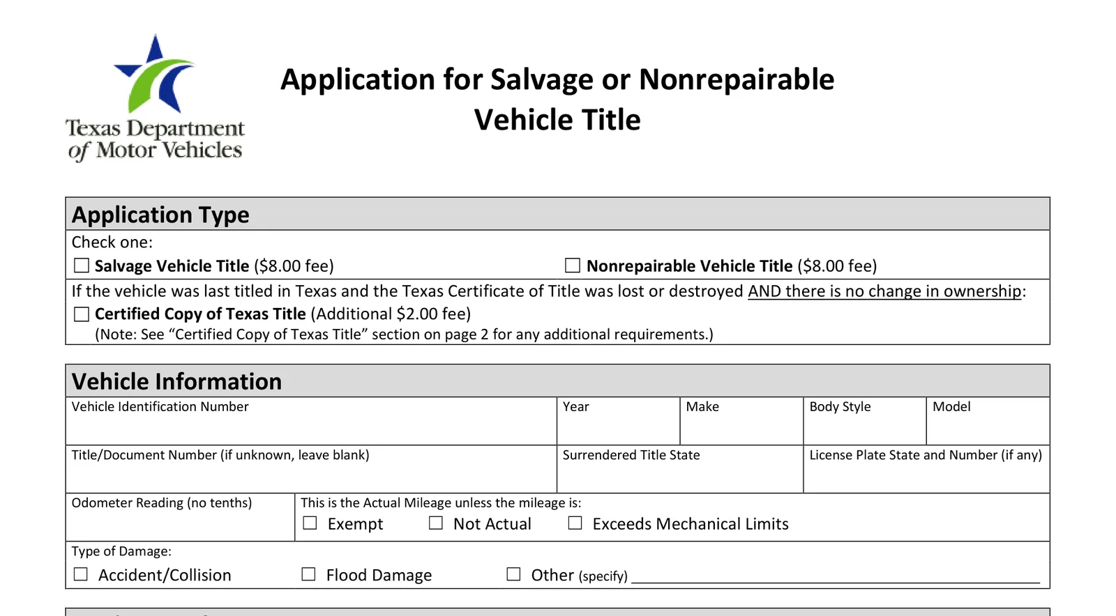 Texas DMV VTR-441, Vehicle Information with Type of Damage checkboxes including Flood Damage