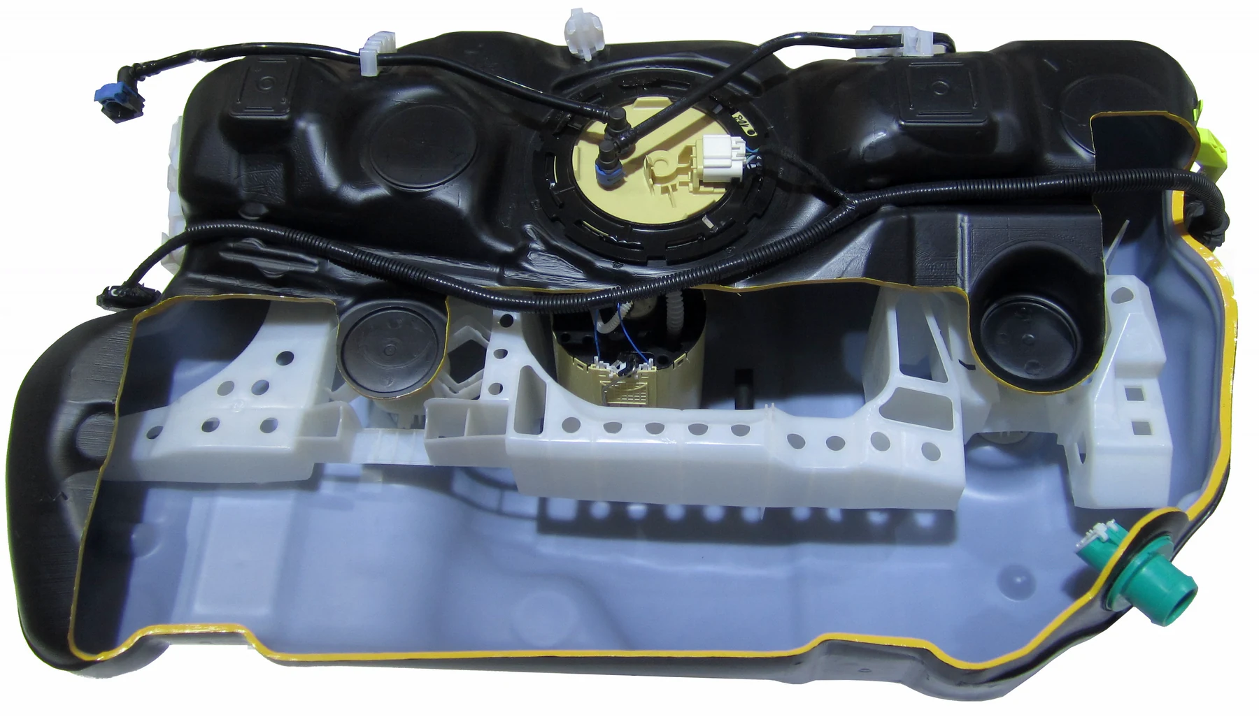 Cutaway automobile fuel tank with the pump, a swirl pot, a level-sensor arm, and an inlet screen