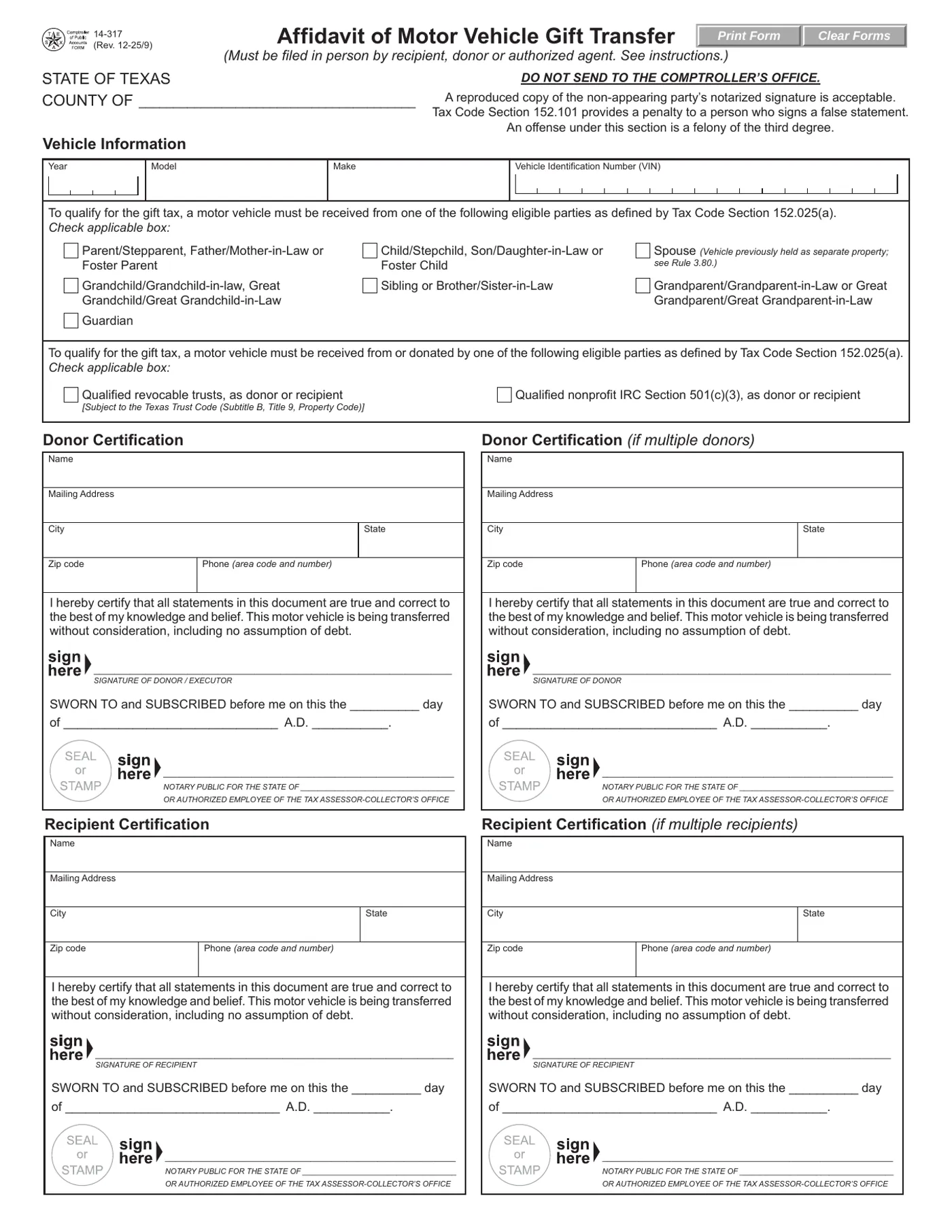Texas DMV Form 14-317 Affidavit of Motor Vehicle Gift Transfer, page 1, eligible-party and signature blocks