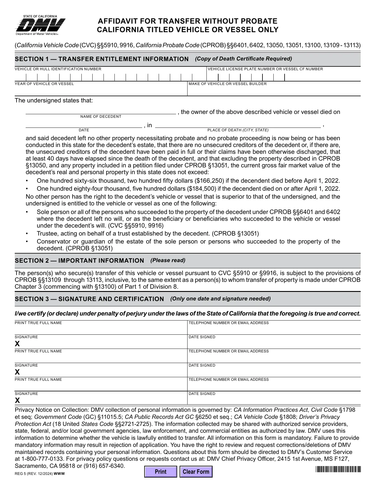 California DMV REG 5 Affidavit for Transfer Without Probate, California titled vehicle or vessel only, page 1
