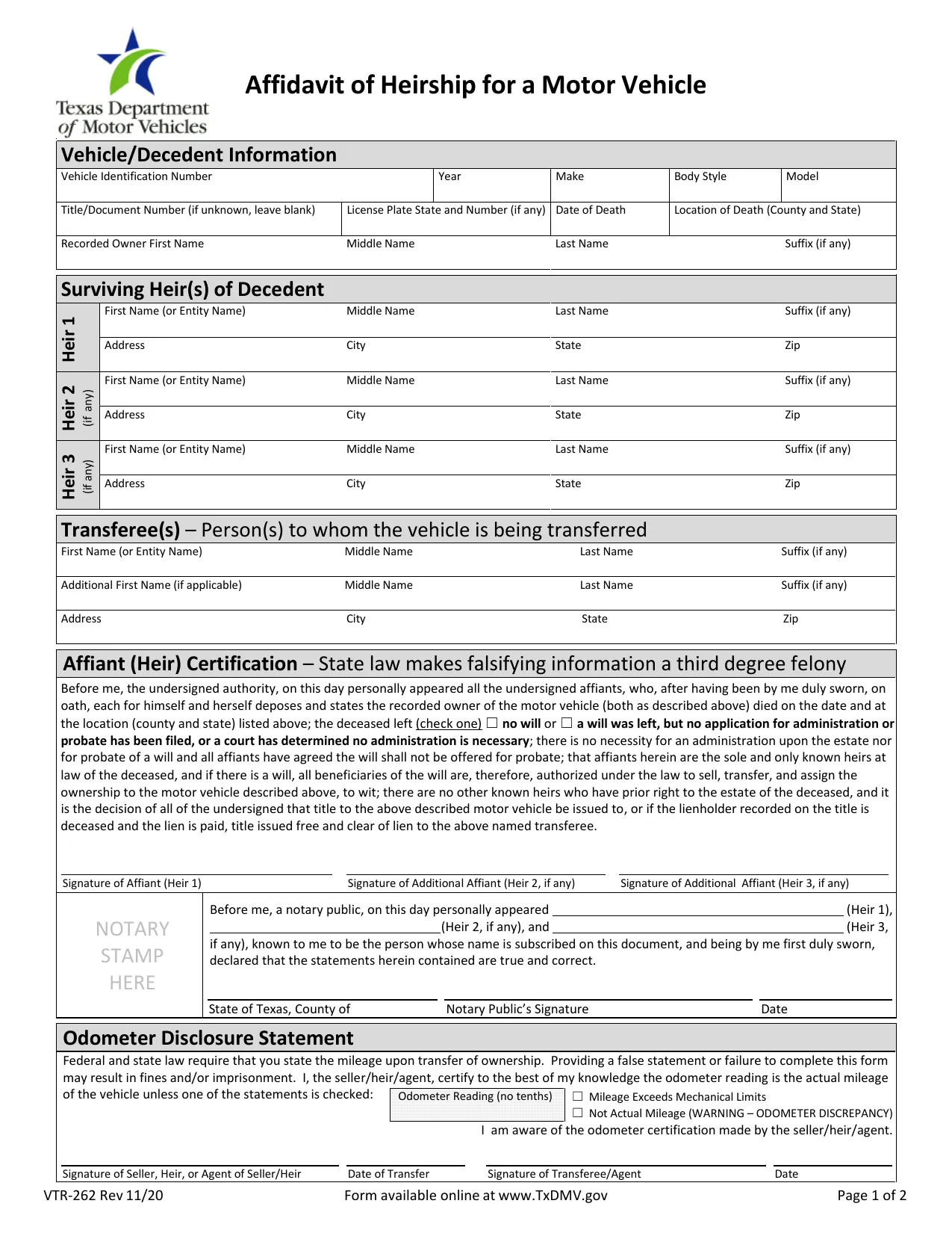 Texas DMV VTR-262 Affidavit of Heirship for a Motor Vehicle, page 1, heir and transferee blocks