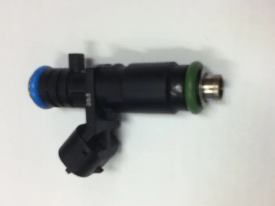 Deka VII port fuel injector with a green inlet O-ring, a blue nozzle O-ring, and a two-pin connector