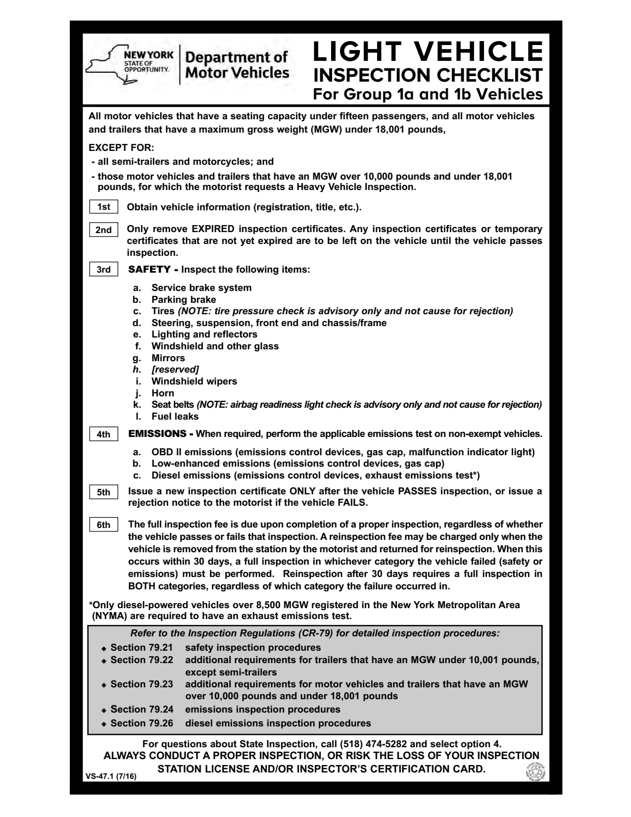 New York DMV VS-47.1, Light Vehicle Inspection Checklist, safety items and issue a new inspection certificate only after a pass
