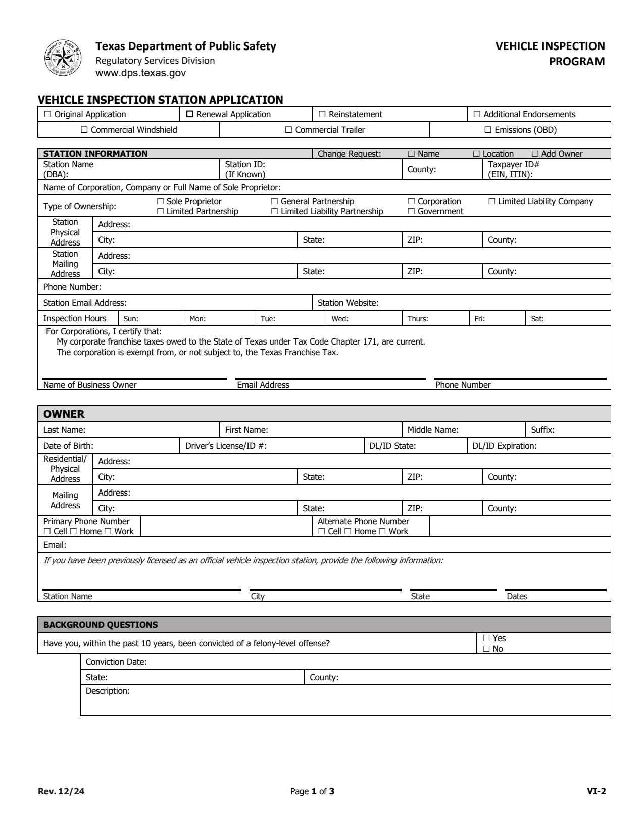 Texas DPS VI-2, Vehicle Inspection Station Application, with Commercial Windshield and Emissions checkboxes