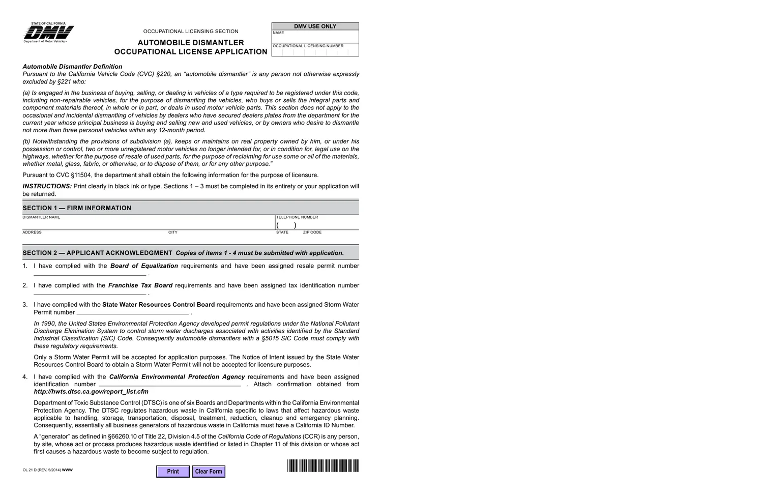 California DMV OL 21D, Automobile Dismantler Occupational License Application