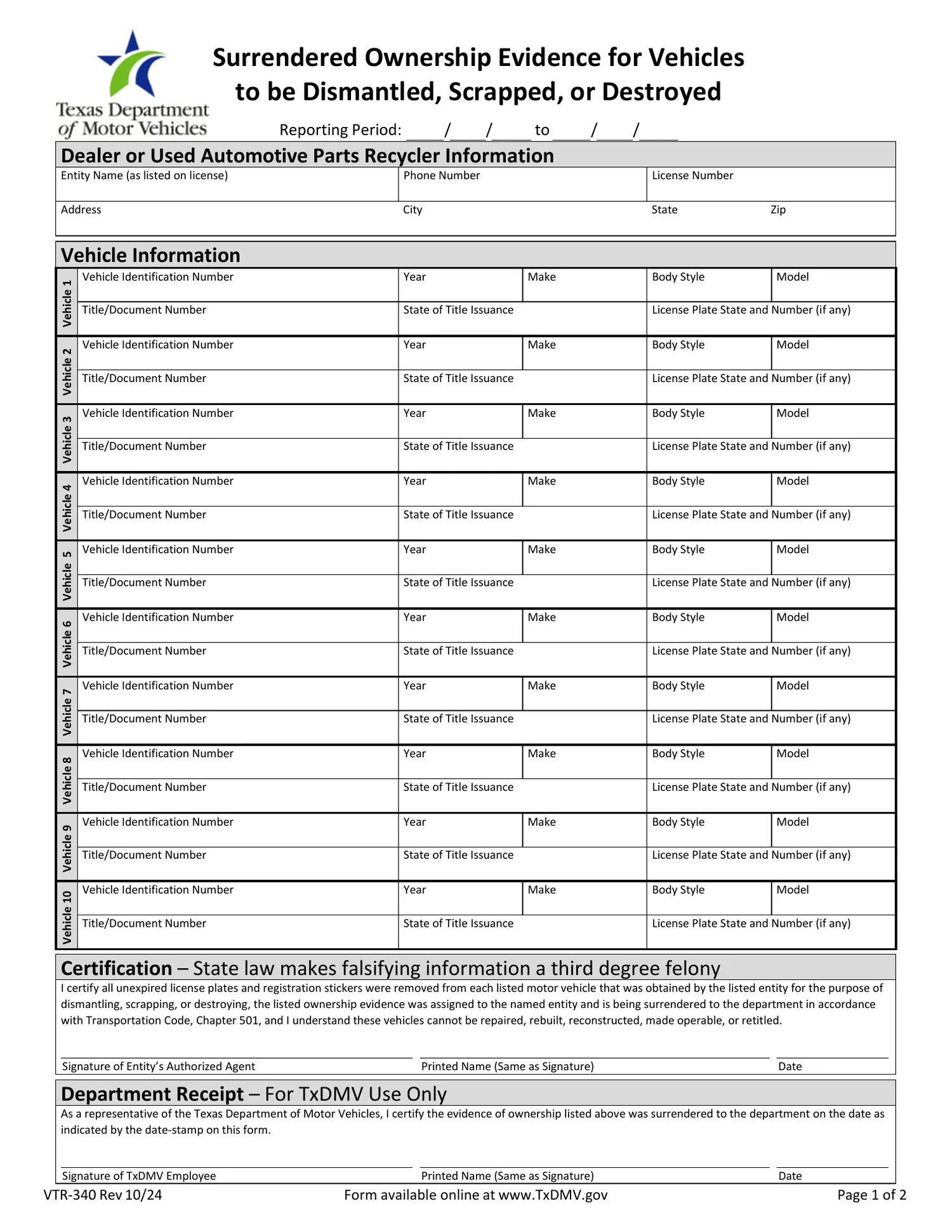 Texas DMV VTR-340, Surrendered Ownership Evidence for Vehicles to be Dismantled, Scrapped, or Destroyed
