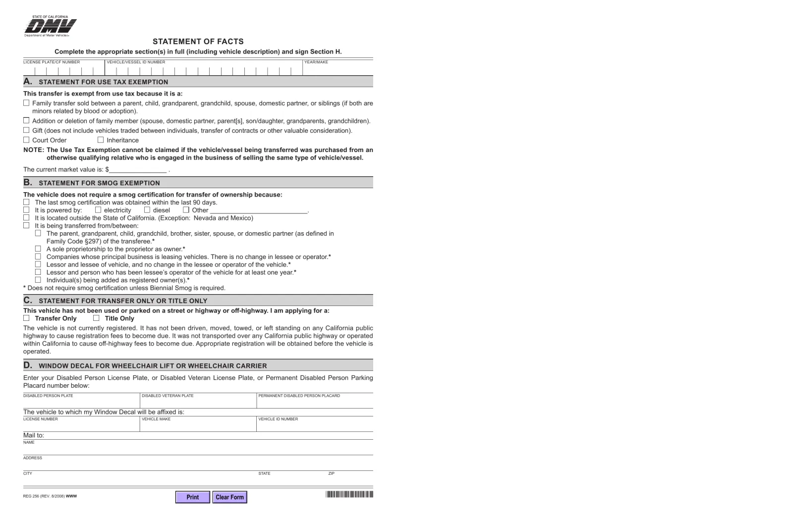 California DMV REG 256 statement of facts, vehicle block and use-tax and smog sections