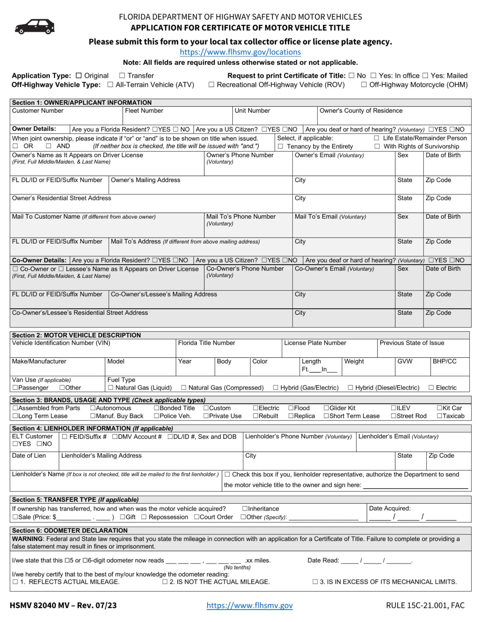 Florida DHSMV HSMV 82040 application for certificate of title, with a Manuf. Buy Back brand checkbox