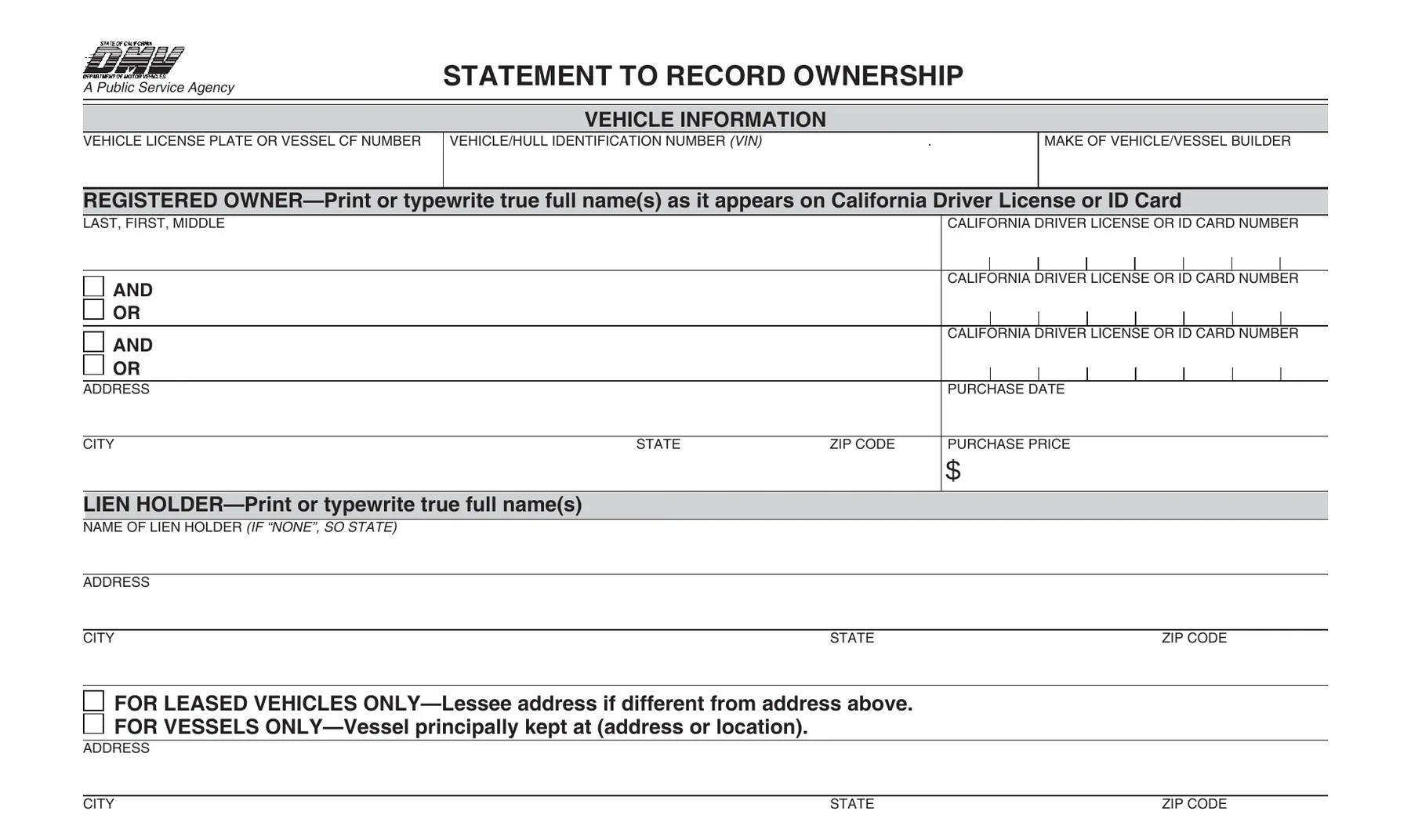 California DMV statement to record ownership with a lien holder line that can be marked none
