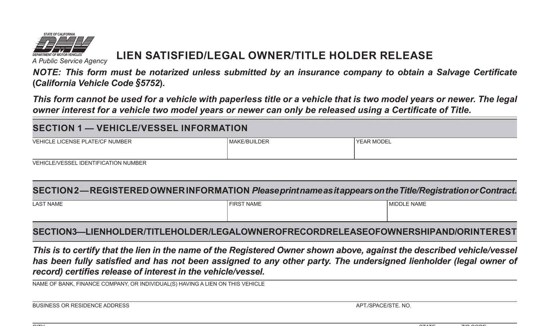 California DMV Lien Satisfied / Legal Owner / Title Holder Release form