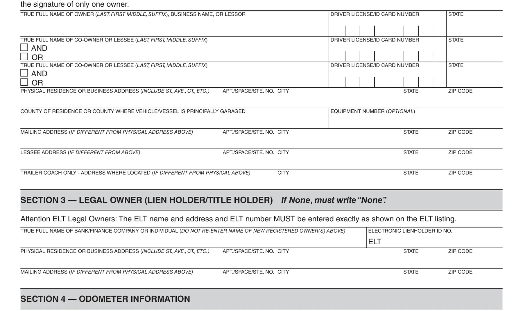 California DMV application for title or registration, owner block and legal owner lienholder block
