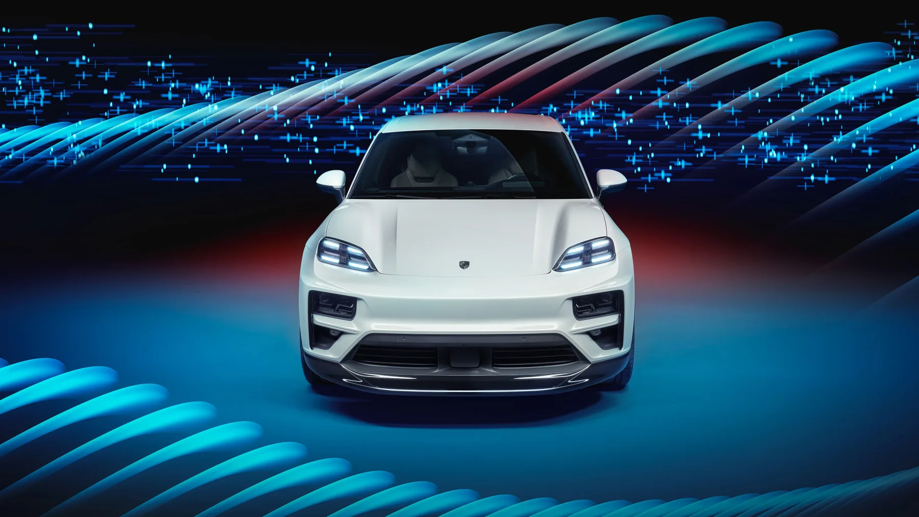 White 2026 Porsche Macan Electric, studio front with four-point lamps and a closed face