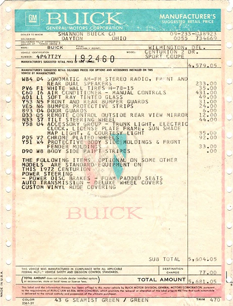 Historical Buick manufacturer's suggested retail price label with options and transportation entries