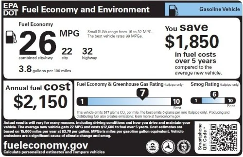 Official EPA fuel-economy and environment label for a gasoline vehicle, 26 mpg combined