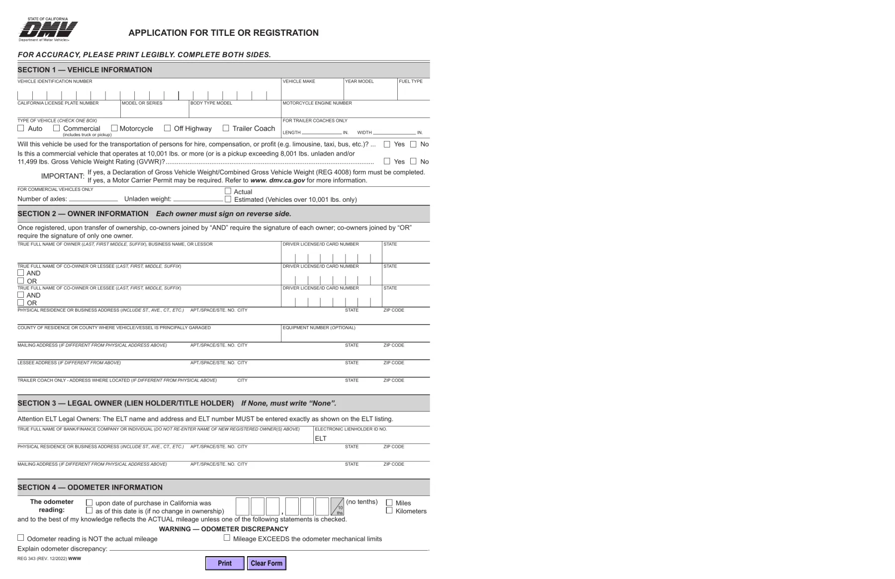 California DMV REG 343 Application for Title or Registration, the first-title sheet that takes a surrendered MCO