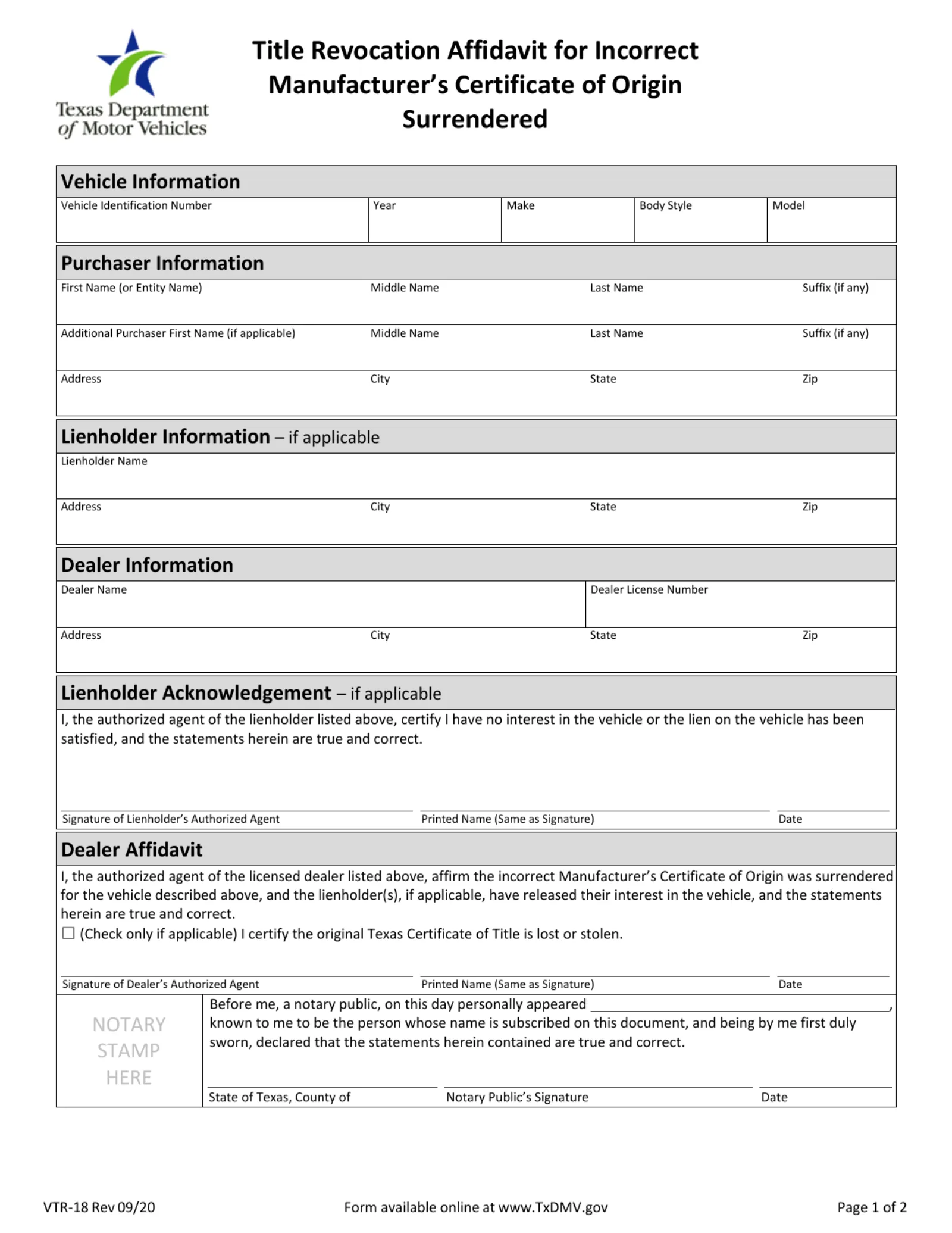Texas DMV VTR-18 Title Revocation Affidavit for Incorrect Manufacturer’s Certificate of Origin Surrendered