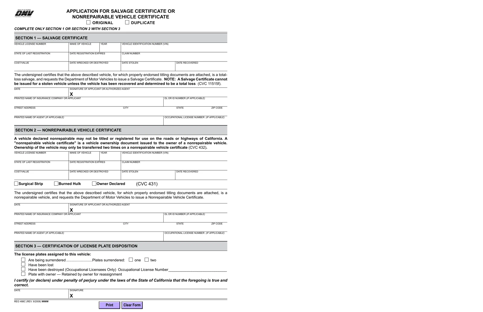 California DMV REG 488C application for salvage certificate or nonrepairable vehicle certificate, with Section 2 the nonrepairable ask