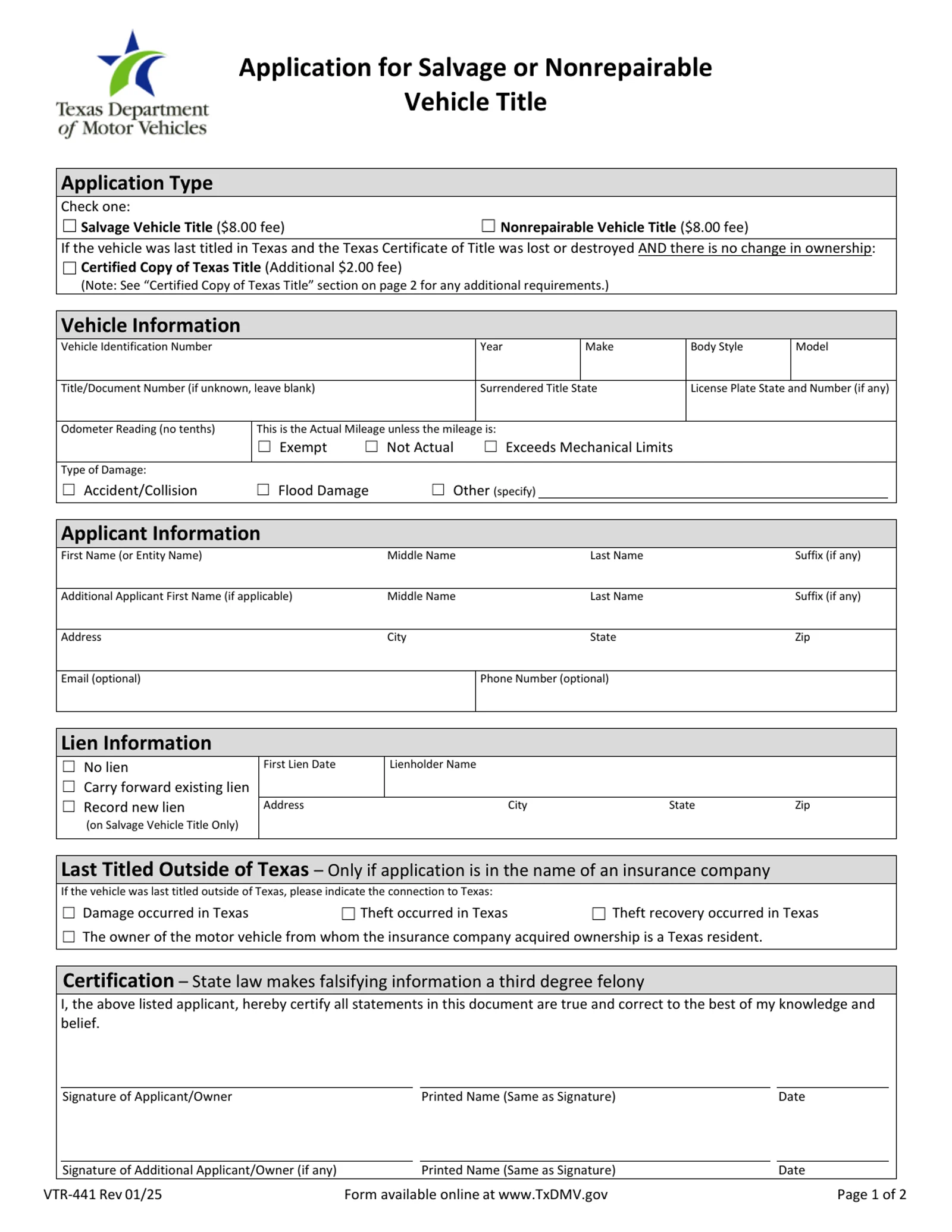 Texas DMV VTR-441 application for salvage or nonrepairable vehicle title, with Salvage and Nonrepairable checkboxes