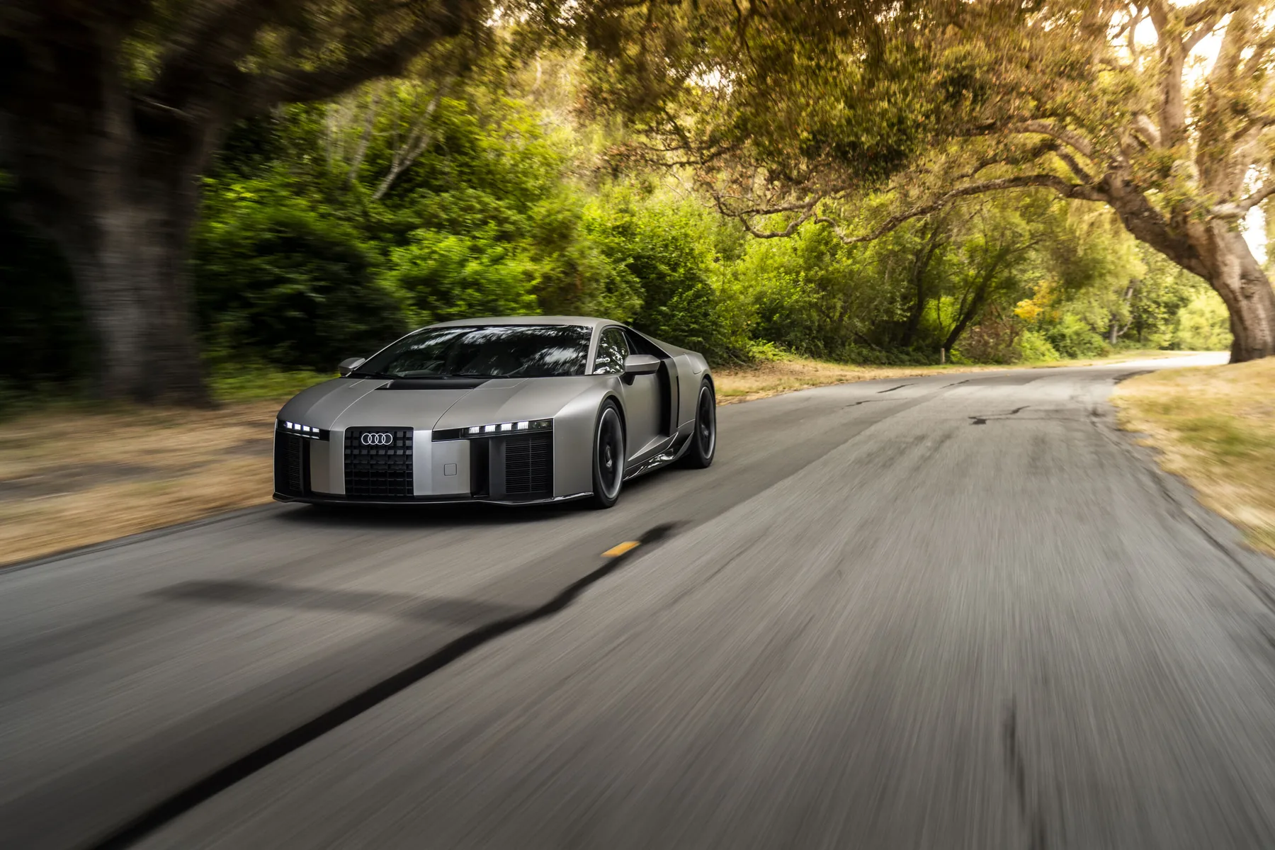 Gray Audi Nuvolari near-production prototype, front three-quarter on a California road