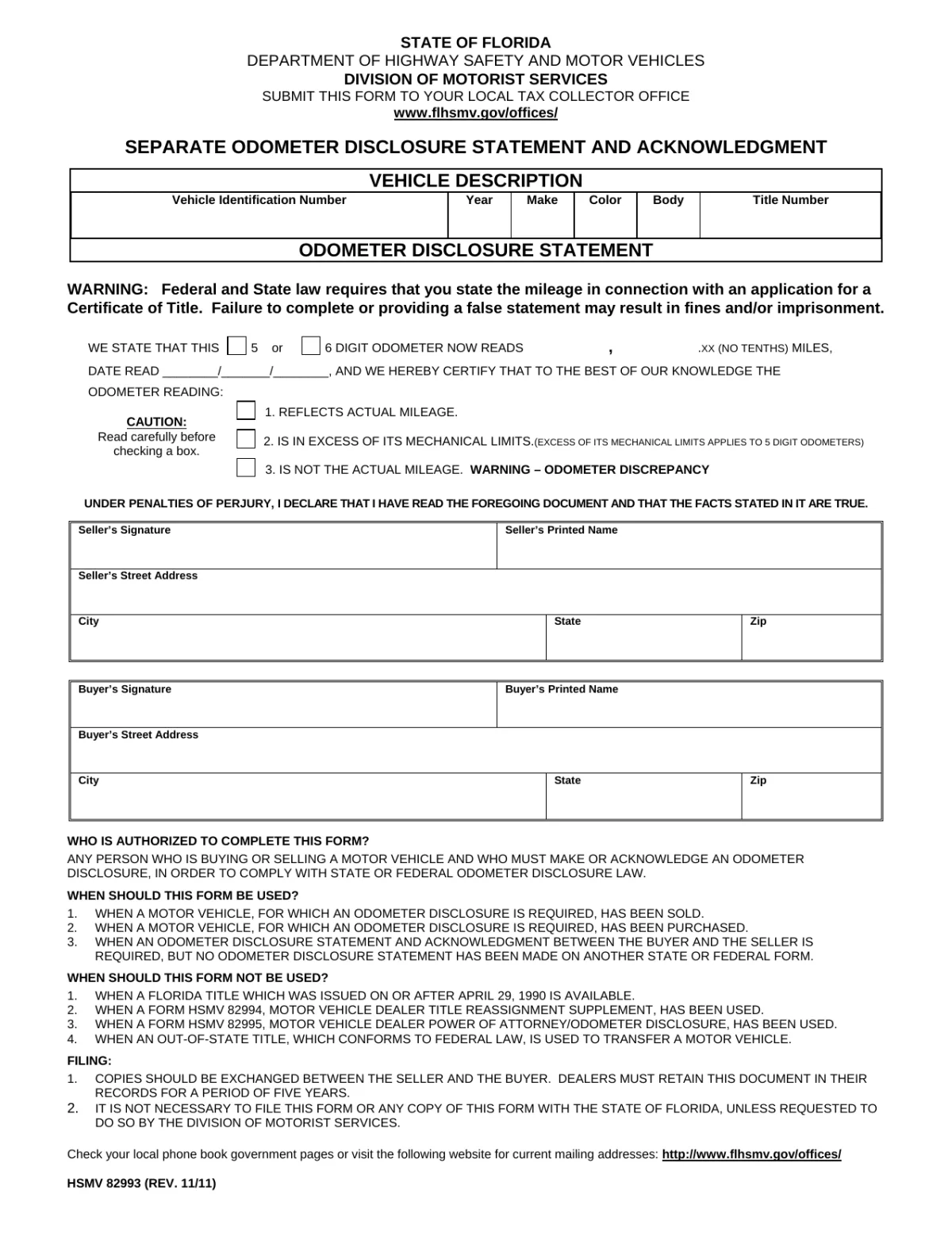 Florida separate odometer disclosure statement with actual-mileage checkboxes