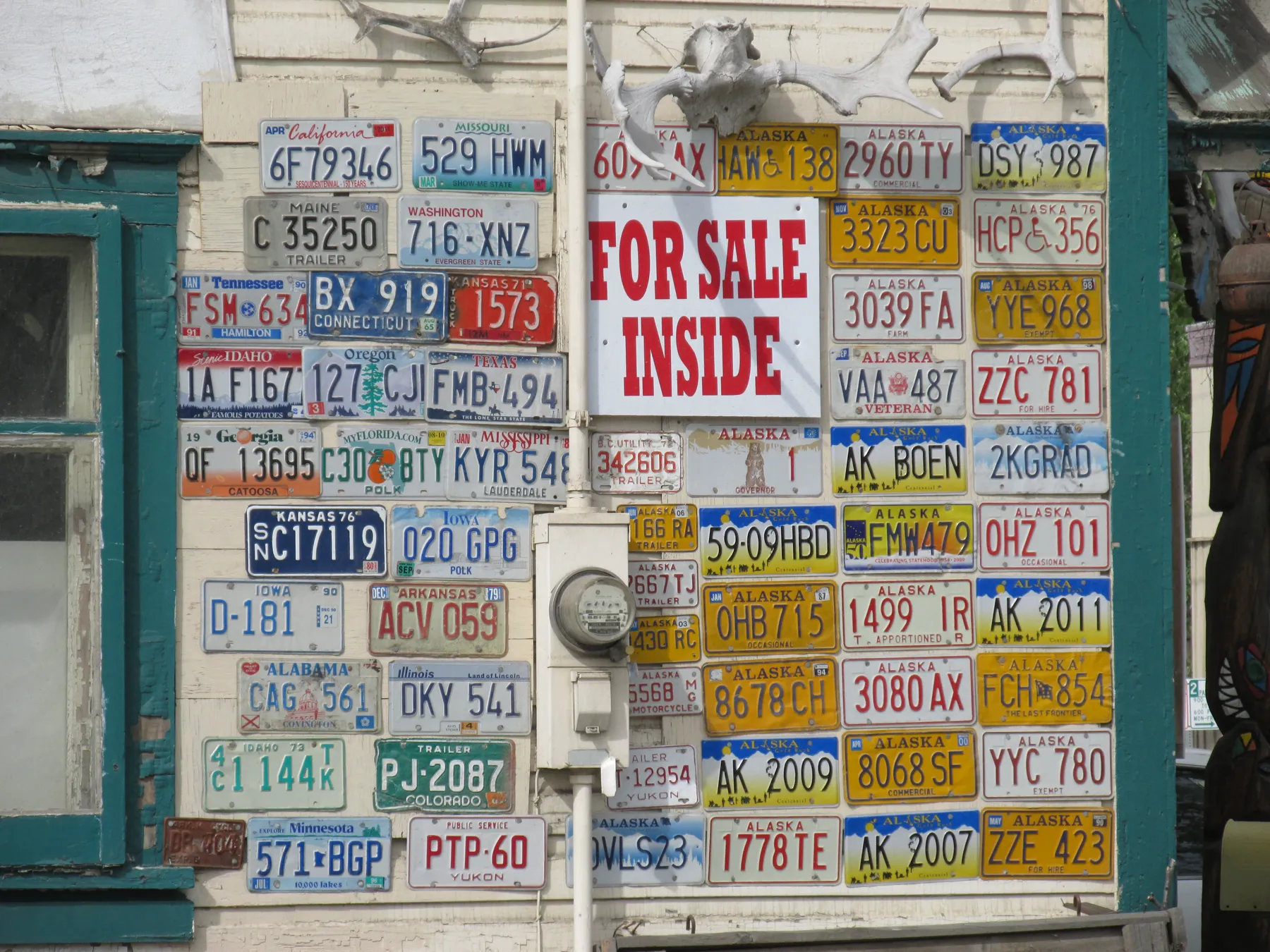 A cream-colored wood-sided wall covered in rows of license plates from many states, including California, Missouri, Washington, Maine, Tennessee, Connecticut, Arkansas, Idaho, Oregon, Texas, Georgia, Florida, Mississippi, Kansas, Iowa, Alabama, Illinois, Colorado, Minnesota, and Yukon, plus many yellow and white Alaska plates, some reading AK BOEN, 2KGRAD, and AK 2009. A white sign with red letters reads FOR SALE INSIDE. Antlers are mounted along the top, an electric meter and conduit run down the middle, and a teal-framed window is at the left edge.