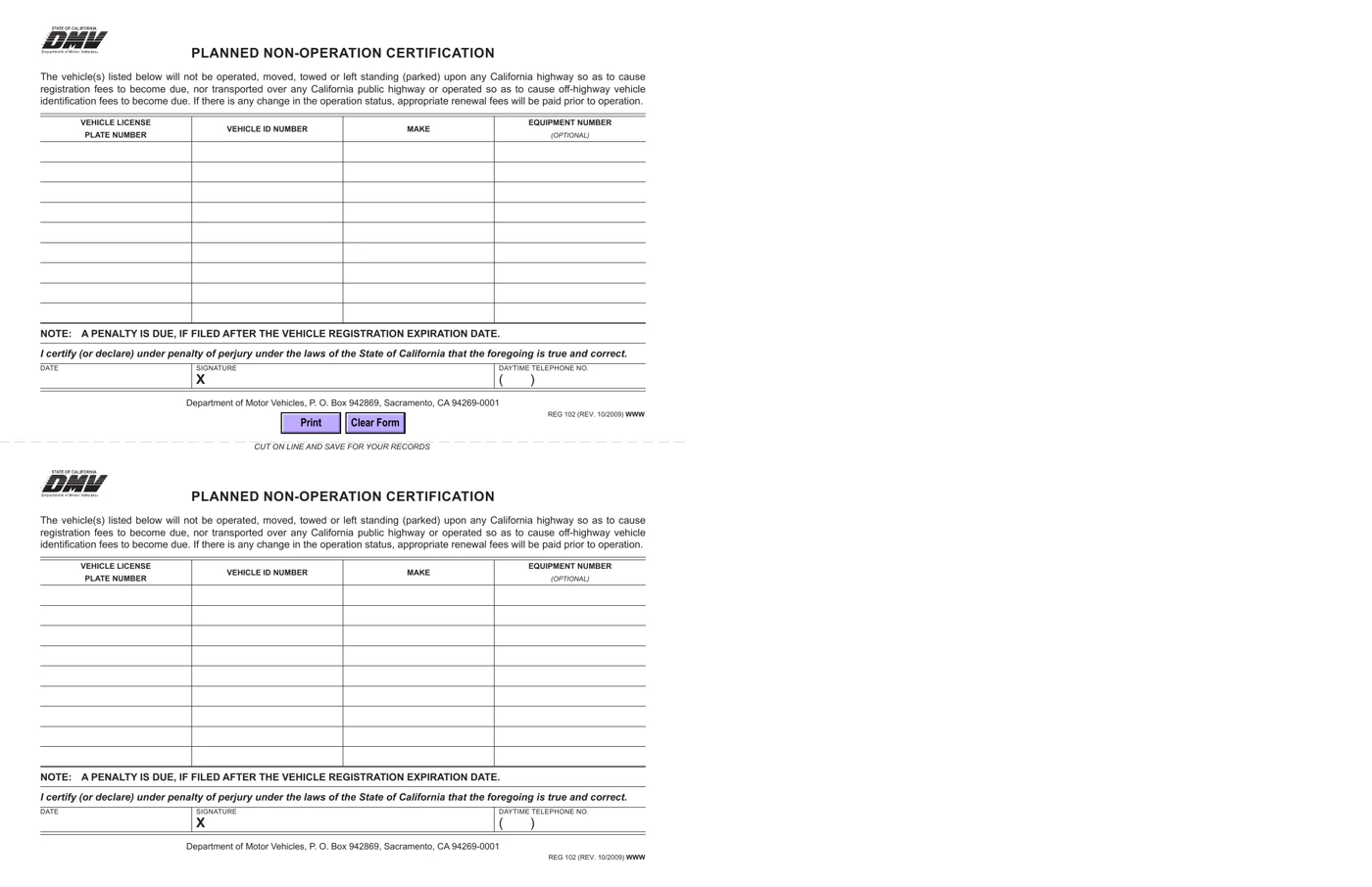 California DMV REG 102 Planned Non-Operation Certification, two coupon copies with a cut line