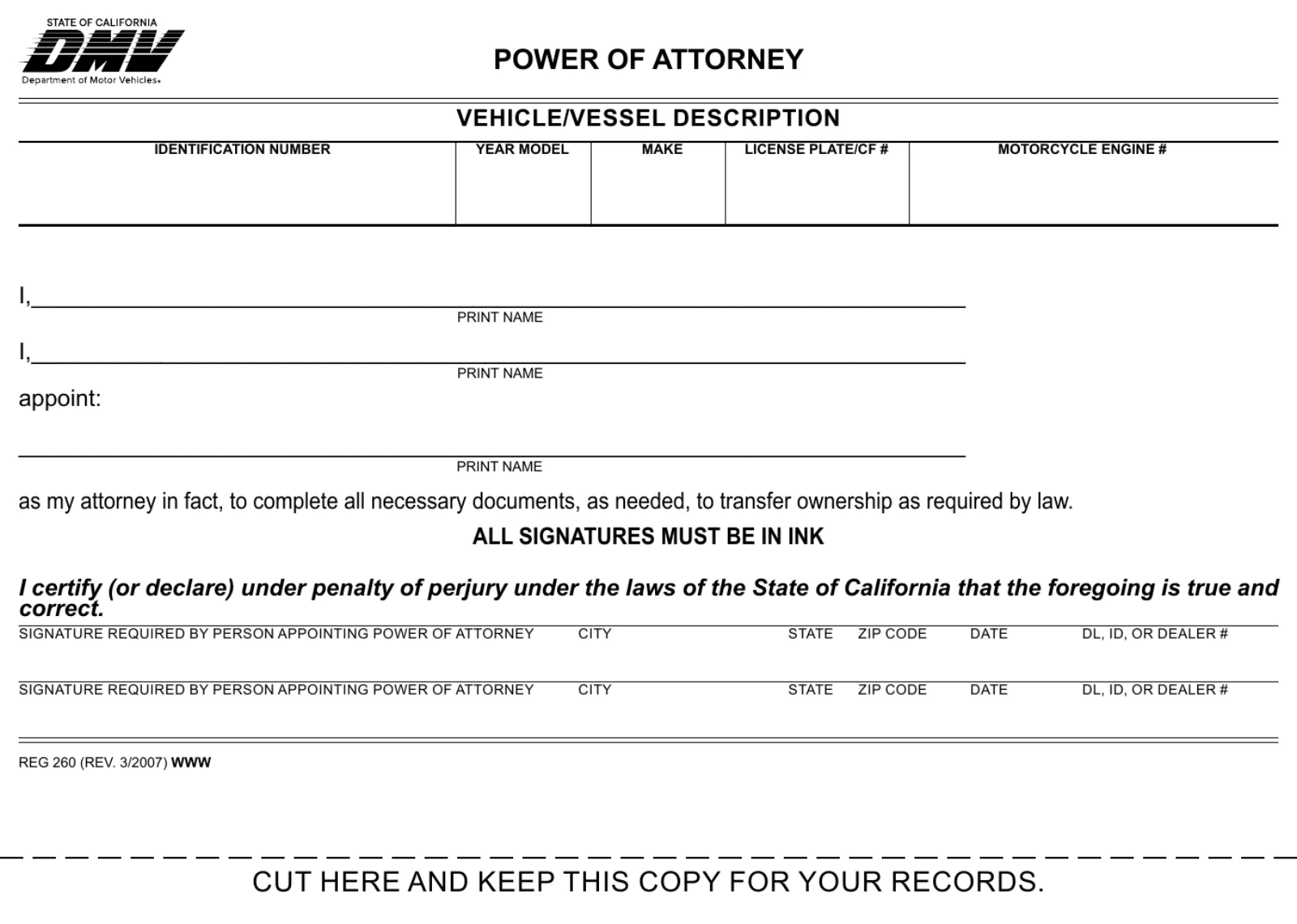 California DMV REG 260 power of attorney with VIN block and attorney-in-fact appointment
