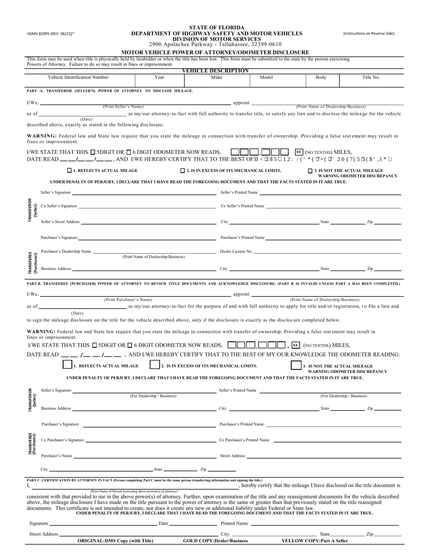 Florida DHSMV HSMV 82995 motor vehicle power of attorney and odometer disclosure