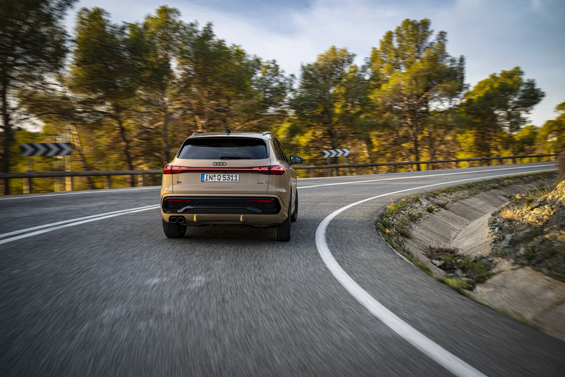 Sakhir-gold 2026 Audi Q5, rear three-quarter on a forest road with a continuous LED tail bar