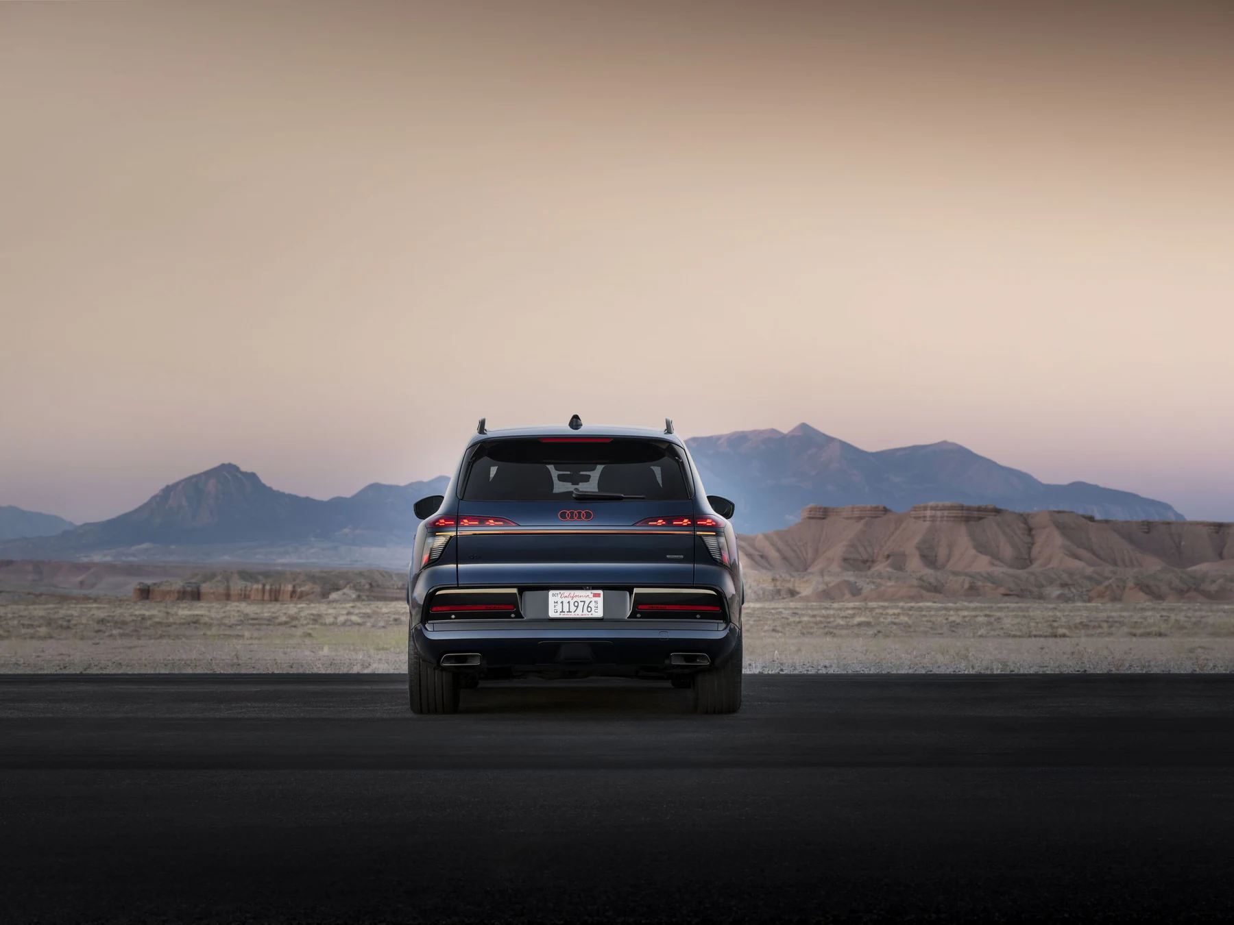 Dark blue Audi Q9 viewed directly from the rear, with the broad rear light signature visible