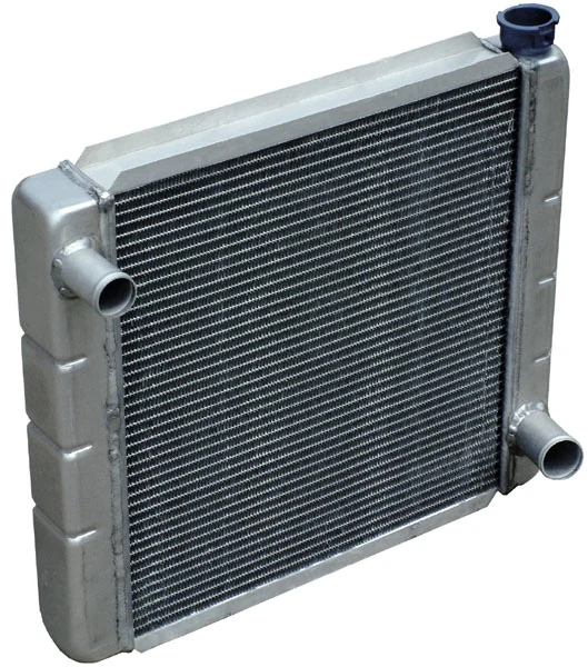 Aluminum automotive radiator with side tanks, a finned core, filler neck, and cap