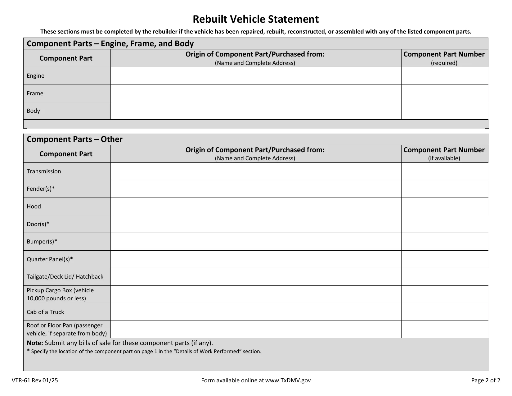 Texas DMV VTR-61 page 2, component parts list for a rebuilt vehicle: engine, frame, body, and where each part was purchased