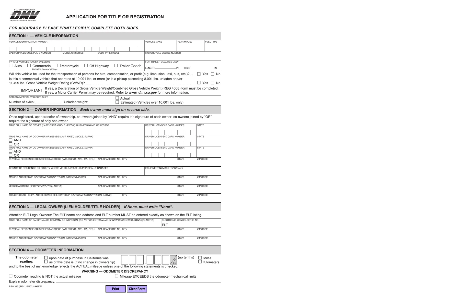 California DMV REG 343 application for title or registration, vehicle and owner blocks
