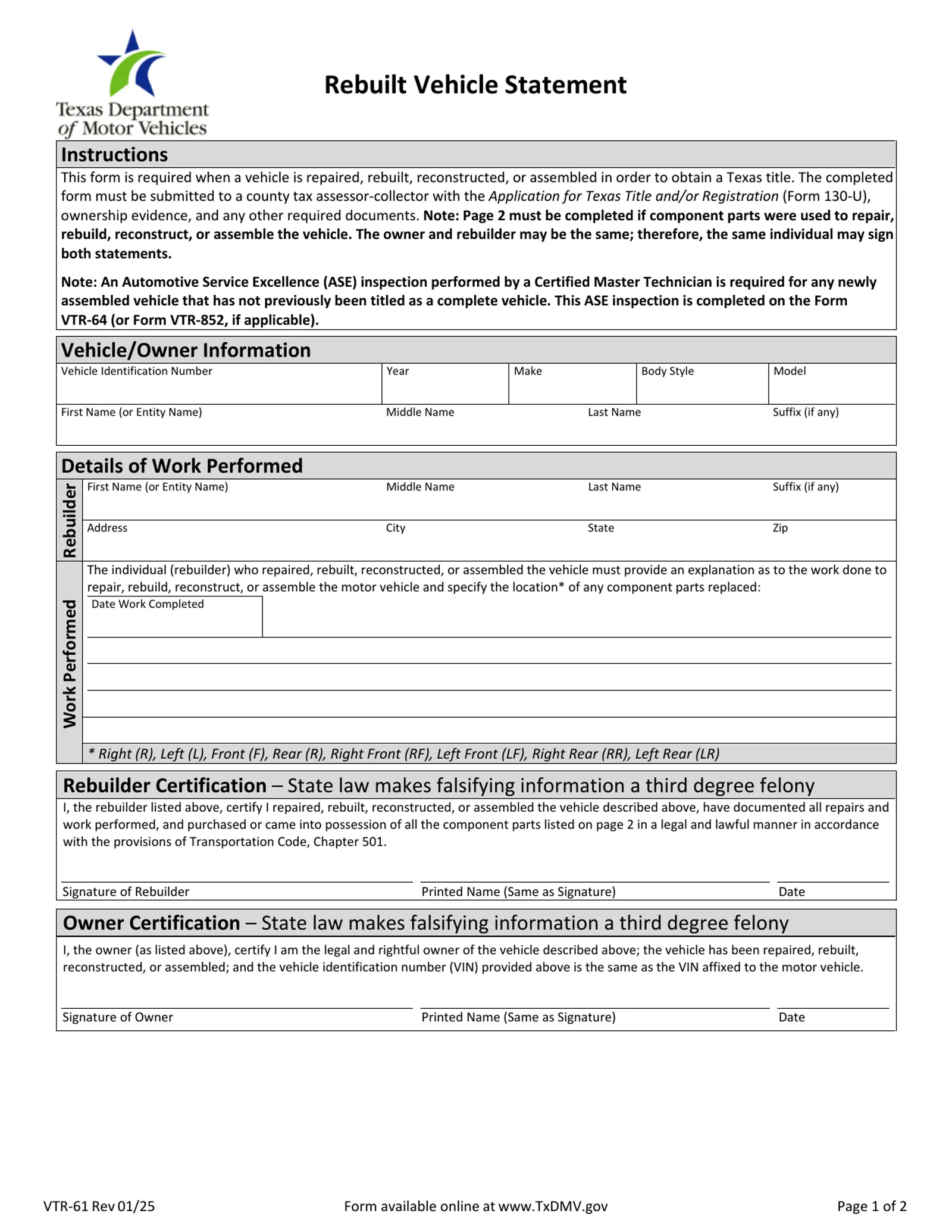 Texas DMV VTR-61 rebuilt vehicle statement, vehicle block and rebuilder certification